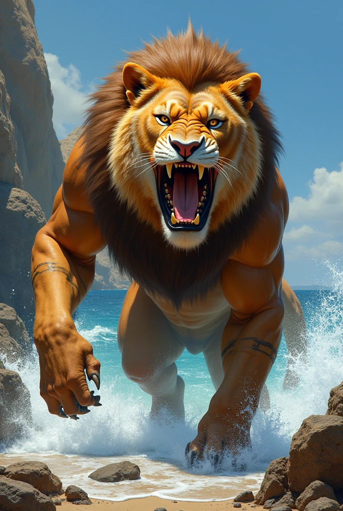 (Best quality, ultra-detached) Male lion with an extremely bushy and blonde mane, green eyes, and a slightly muscular body, adorned with a subtle round belly. He stands confidently with feet in the cool water on the beach, the warm sunlight casting a golden hue over his frame. The waves gently lap at the shore, creating a tranquil ambiance as the lion gracefully poses, his muscles glistening in the sun. The scene is rendered in exquisite detail and bestowed with a lifelike quality, delivering a masterpiece that is sure to captivate the viewer.