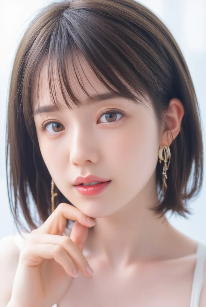 highest quality, realistic, 8K, High resolution, 1 girl, woman,, (portrait:0.6), nice, ((white background, naked, small breasts:1.65)), (Black hair in a ponytail, parted bangs:1.4), looking at the viewer, (1 girl eyes looking at the viewer:1.6), realistic, (Bokeh), (closed mouth, smile:1.3), nice, Pueros face_V1:1,