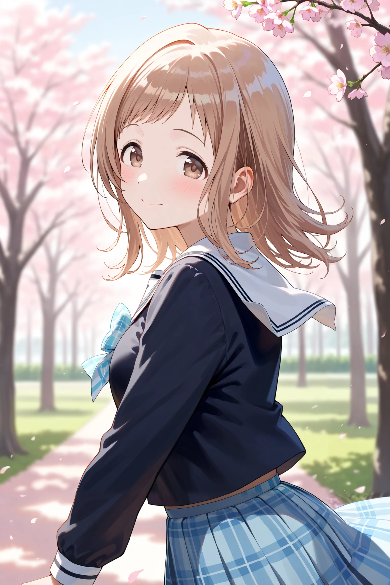 (masterpiece), (Highest quality), (Very detailed),
(The best shape), (Best Shadow), (Absurd),
(Detailed Background), (So beautiful), Shiny,
Beautiful eyes in every detail, Extraordinary, Countershading, 8k, 32K, High resolution,
Very Detailed CG ,
Score_9, Score_8_up, Score_7_up, Source_anime,
(Pastel painting:1.2), (Watercolor painting:1.2),
(Masterpiece, Detailed:1.2), (Foreshortening:1.2),
Cinematic, Dramatic, (Depth of field:1.4),
(Blurry background:1.4), (Realistic background:1.4), Dynamic angle, from side,
1 girl, Solo,
Outdoors, Nature, Park, Wind,
Spring, Cherry blossoms,
Sakuragi Mano,
the idolm@ster shiny colors,
mano sakuragi,
(Brown hair:1.1), Medium hair, Brown eyes,
(School uniform:1.3),
(Black sailor suit:1.3), Long sleeves suit,
(White sailor collar:1.4),
Ribbon, Light blue ribbon, Butterfly ribbon,
Skirt, Light blue skirt, Checkered skirt,
(Blush:1.3),
Portrait,
Focus on face,
Smile, Happy, looking back,
Realistic skin,
Shiny skin,