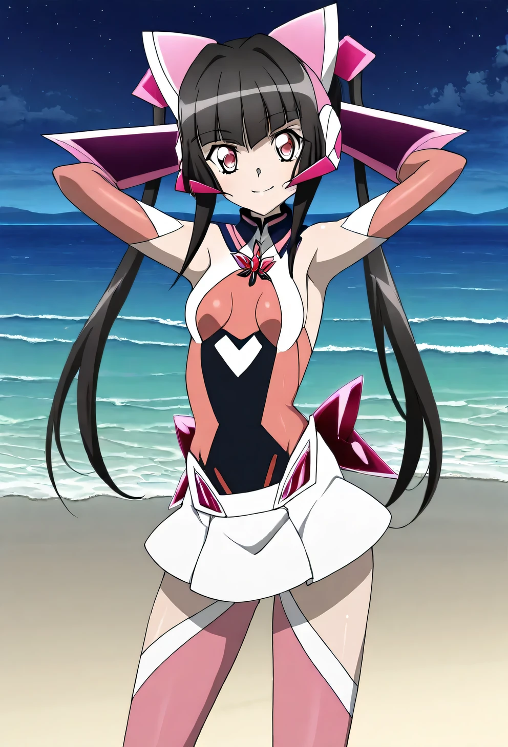 tsukuyomi shirabe, anime screencap, anime art style, tsukuyomi shirabe, senki zesshou symphogear, 1girl, solo, black hair, bangs, shiny, small breasts, leotard, pink eyes, blunt bangs, small breasts, thighhighs, shiny hair, skirt, twintails, long hair, gloves, headgear, elbow gloves, pink thighhighs, bare shoulders, arm guards, anime screencap, high quality, solo, cowboy shot, (contrapposto), hands behind head, closed mouth, smile, night sky, beach, looking at viewer, best quality,