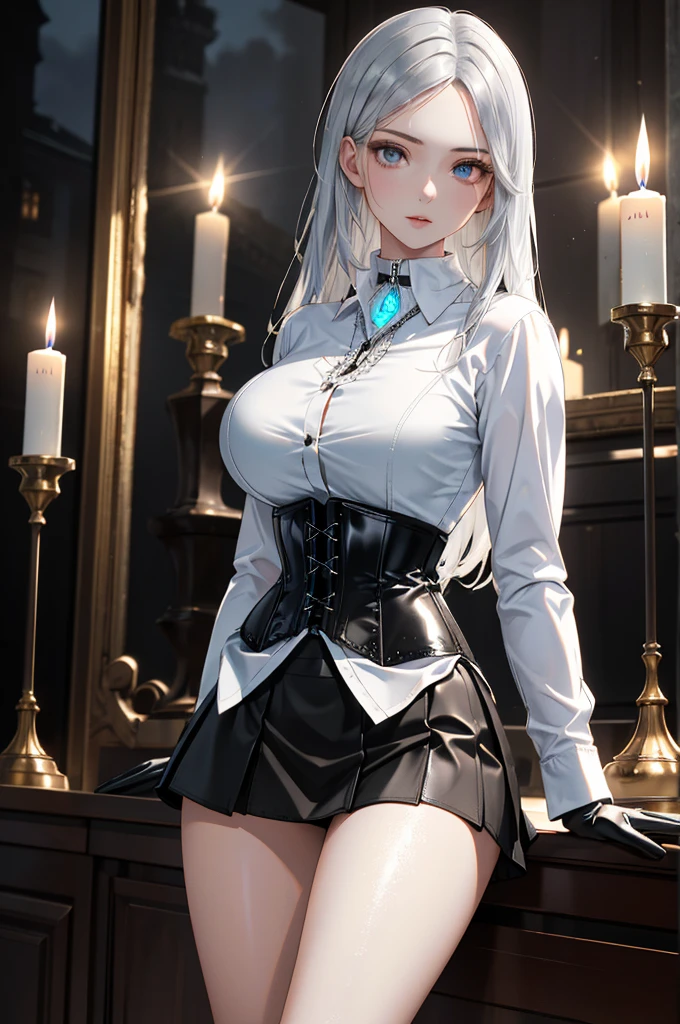 8k, best quality, masterpiece, highly detailed, semi realistic, a girl, young female, 20 years old, absurdly long white silver hair, hair between eyes, banks, blue-purple eyes, medium breast, red lips, white greek dress, corset, slim figure, cool expression, skinny pants, thigh high boots,