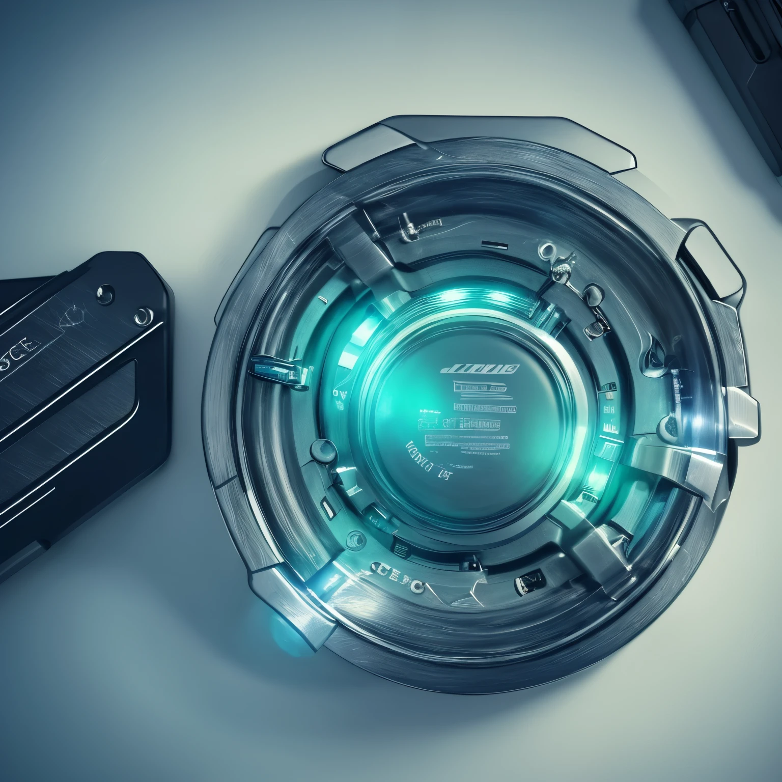 Design a cylinder that stores energy with a futuristic design on a simple table. A symmetric cylindrical capsule with bright blue crystals inside, don't draw people, futuristic
