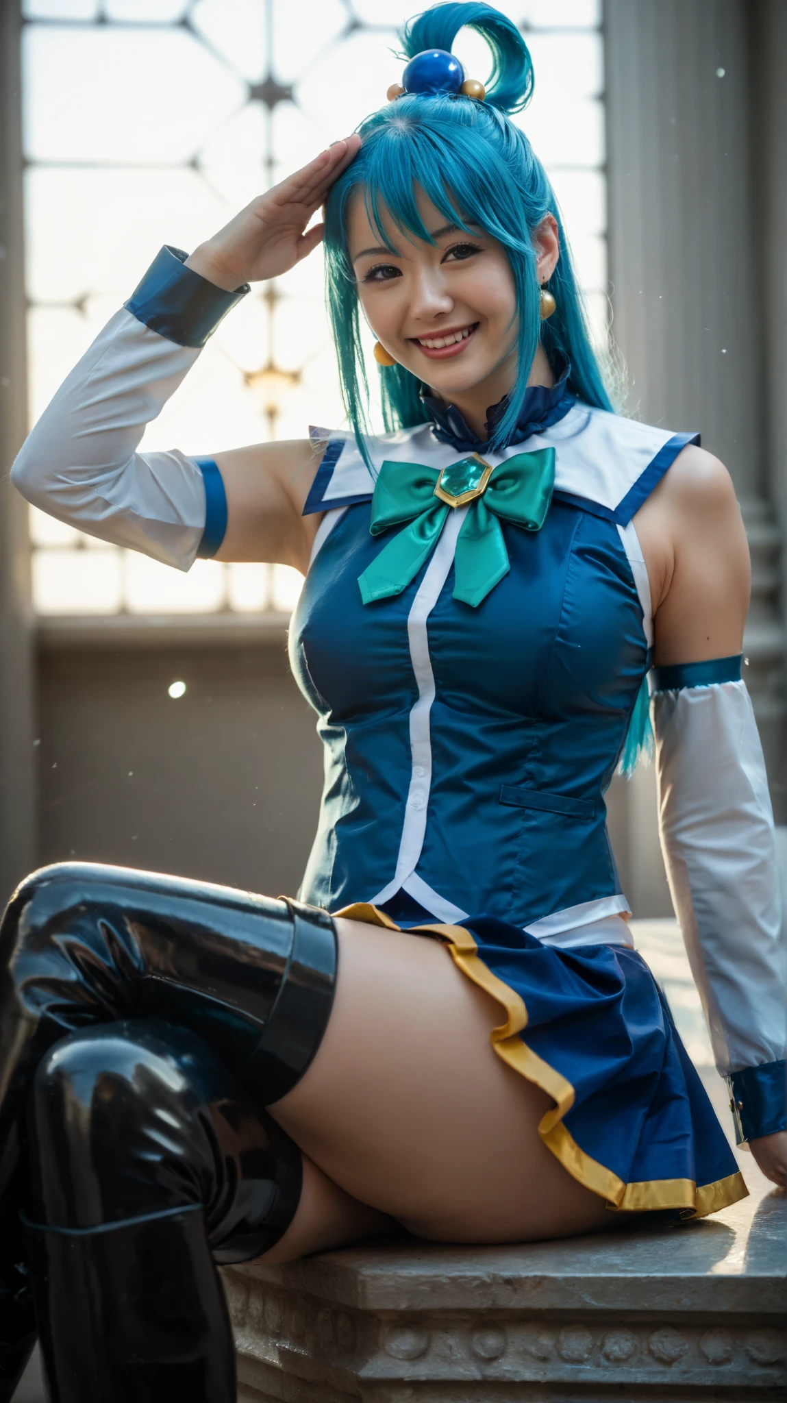 A hyper-realistic depiction of Aqua, the goddess of water from Konosuba, sitting gracefully with a cheerful and playful expression. Her long, sky-blue hair flows smoothly, with individual strands catching the light naturally. Her bright blue eyes sparkle with divine energy, reflecting her mischievous yet elegant nature.
She wears her iconic blue and white goddess outfit, consisting of a form-fitting bodice with gold and emerald details, a short pleated skirt with ruffled edges, and a large green bow on her chest. Her white detached sleeves contrast with the blue color scheme, and she wears thigh-high boots with golden trim. The fabrics have a rich, realistic texture, with detailed embroidery and slight folds in the material.
She poses sitting with one hand raised to her forehead in a playful salute, while the other rests gently on her lap. Her expression is warm and confident, capturing her vibrant personality. The background is a soft, neutral gradient, ensuring the focus remains on Aqua while adding depth and realism.
Ultra-detailed rendering, hyper-realistic textures, cinematic lighting, soft shadows, high-resolution, 85mm lens, f/2.0 aperture, shallow depth of field, studio photography style, masterpiece --ar 16:9 --v 6 --style raw --q 2 --s 750, KOREAN, ASIAN
