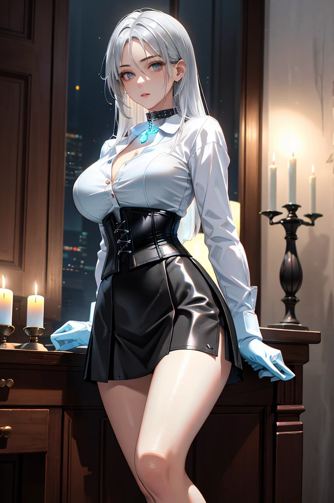 (Meisterwerk:1.3), high resolution, sehr detailiert, Hochdetailliertes CG Unity 8K-Hintergrundbild, realistisch, photo-realistisch, RAW-Foto, Beautiful and full face, blasse Haut, realistisch glistening skin, feine Stoffstruktur, detaillierte Haarstruktur, Perfect body, pretty face, Genau, Anatomisch korrekt, Hochdetaillierte Gesichts- und Hautstruktur, natural neck length, (BEAUTIFUL HANDS), (helle Haut:1.2), Thin legs, Thin legs, BRECHEN, fine-grained, symmetrische Augen, green eyes, doppeltes Augenlid, thin eyebrows, (schimmernde Lippen:1.4), (smile friendly:1.2), BRECHEN, (Not suitable for work:1.1), (Elegant and sweet girl:1.3), (1 girl), (Medium large breasts, Schmale Figur,  Feste Brust:1.1), beautiful collarbone, (white hair, Pferdeschwanz:1.2), ((asymmetrischer Pony:1.2)), (((Latino))),Bürodame, White office blazer with floral pattern, Office skirt with floral pattern, (White tights with flowers:1.2), (White short button down shirt with floral pattern:1.2), Stand-up collar with buttons, Button-Down-Kragen prim, Gut, (Strumpfhose:1.2), Alpha-Schicht, Glasses, Close to the Camera, Body above knees visible, 