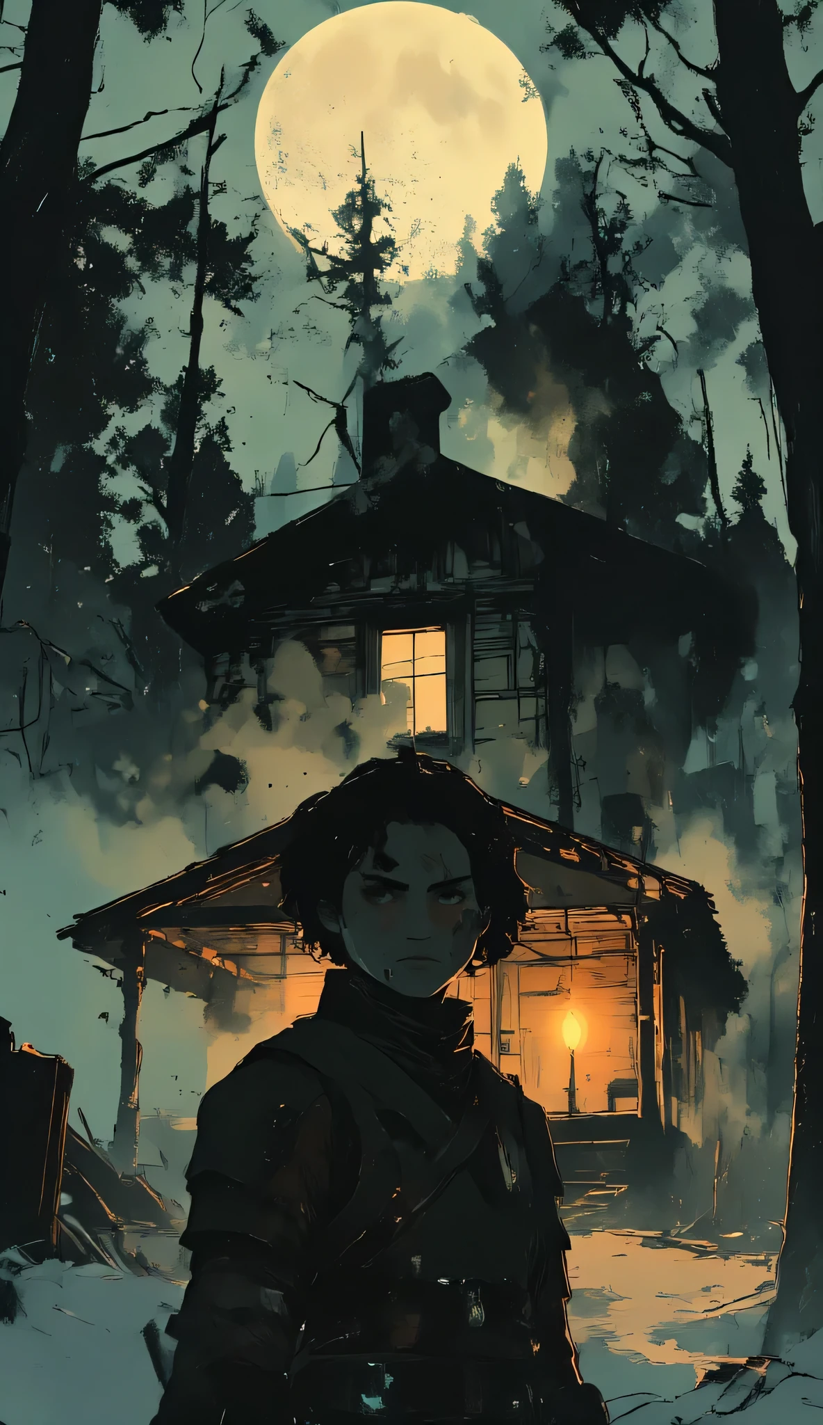 A dark fantasy scene featuring a lone young warrior standing in the foreground, his face partially shadowed with a determined and intense expression, battle-worn armor, and a sword strapped to his back. Behind him, a desolate wooden cabin stands in a misty, eerie forest, illuminated by a single warm candlelight through the window. The atmosphere is ominous, with twisted leafless trees framing the scene, fog rolling in, and a cold moonlight casting dramatic shadows. Ultra-detailed, cinematic composition, hand-drawn animation style, 4K resolution, dark and moody color palette, fantasy realism.