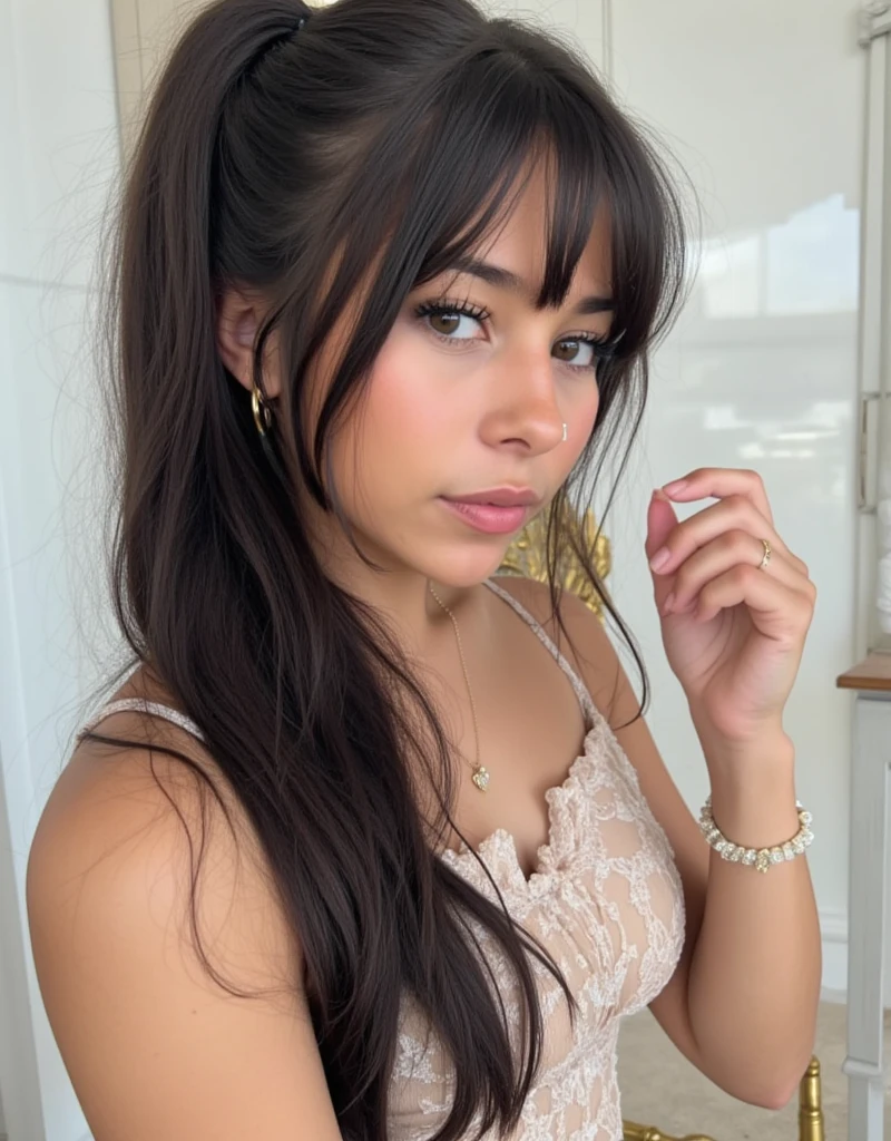,, Selfie girl doe eyes hair black waterfall half a pony tail with bangs emo hair blue eyes petit light asthetic mirorr selfie cute skirt dress