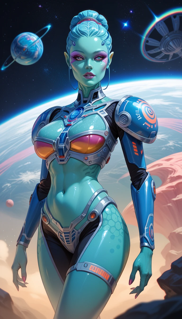 Ancient Extraterrestrial Creature, Alien Being, ((Non-Human)), Female seductive Alien, colorful skin, chitinous skin, Alien clothes, Holographic Heavy armor, floating in spaceship, planets in background