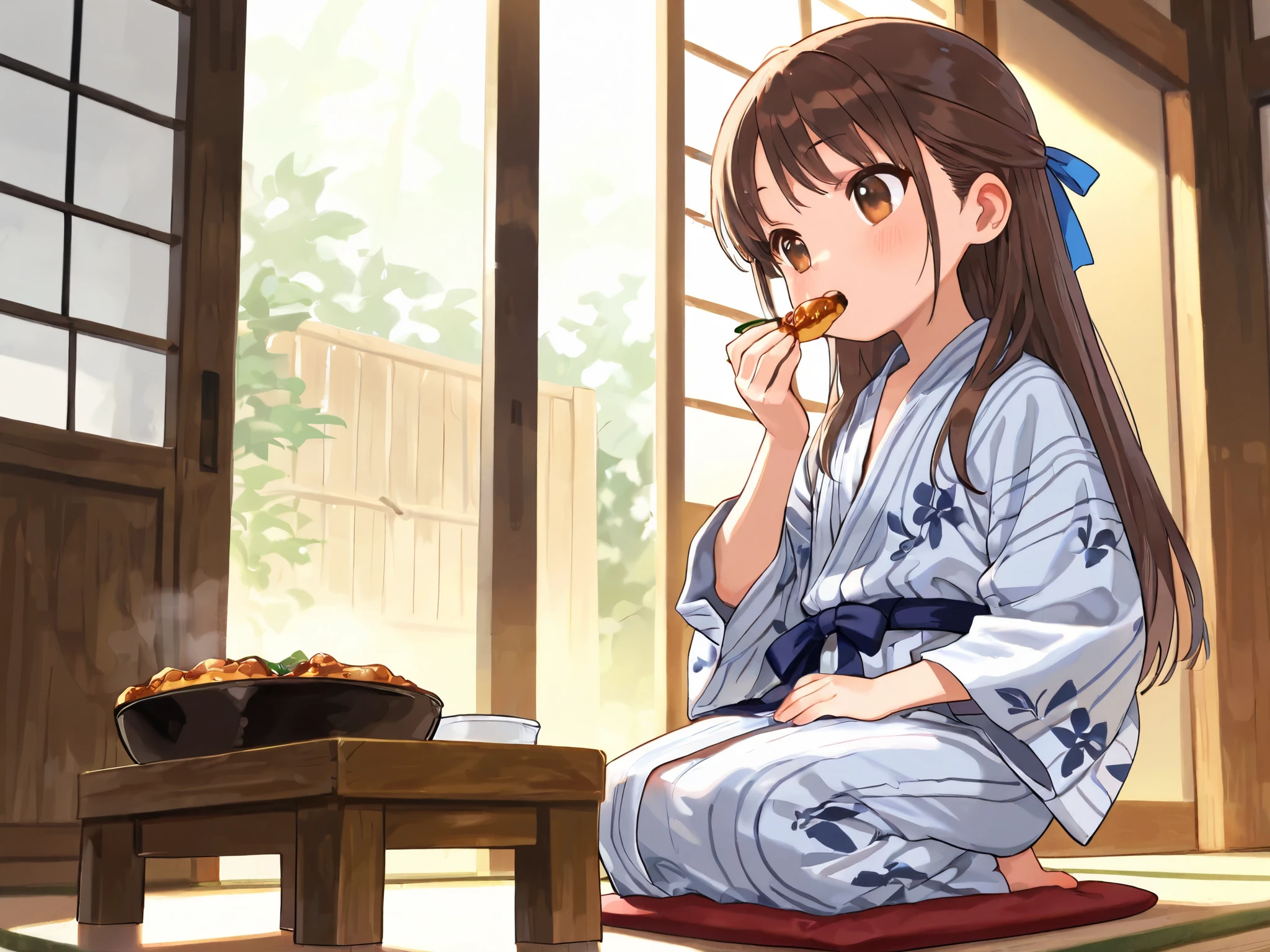 (Top Quality), (Very Aesthetic), (Super Detailed), (Best Illustration), , Solo Female, female , Girl, half updo, Blue Ribbon, Long Hair, Straight Hair, Sideburns, Center Parting, Brown Hair, Brown Eyes, (flat breast), bath yukata, seiza, full body, pretty face, mouth open, eating, front view, sumptuous meal, Wasyoku, indoors, Ryokan