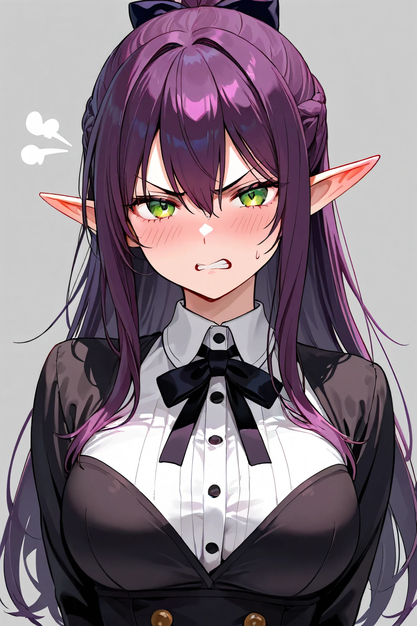 An angry female elf with a bow