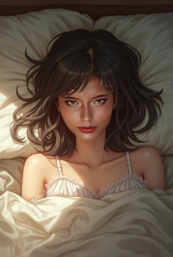 looking from above，Solo，Semi-closed Eyes,Tongue out,,roll eyes,full bodyesbian， smile from corner of lips，Perfect exposure,  Professional quality Highly detailed octane rendering, Ray tracing, voluminetric lighting, surrealism，Squatting on the Bed，Spread legs，Back to realistic facial features, Perfect woman, Mature female, Perfect skin, Perfect body, Raise your ass，Perfect face, Perfect depth of field background,Wear towels only，Unclothed, Sexy pose on bed, Penthouse bedroom in Tokyo, Fancy bed, Silk sheets on the bed, Girl alone in penthouse without clothes flawless masterpiece kawaii cute sexy shy innocent girl black short hair bangs Bob hairstyle Harajuku makeup red lipstick glossy lips Bimbo lips hard halo, Realistic girls are surreal，Carmelto, ，