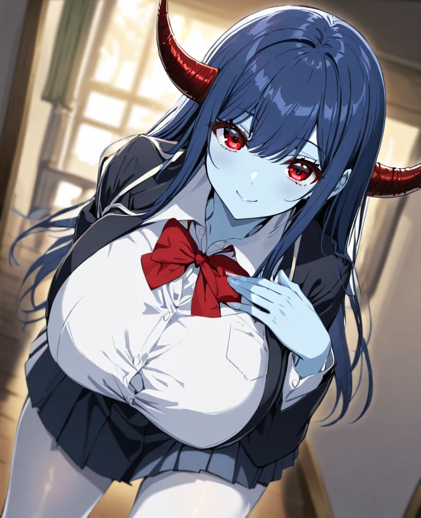 masterpiece, best quality, 1girl, vampire , half body , demon , huge body, terrifying smile, wearing a shirt