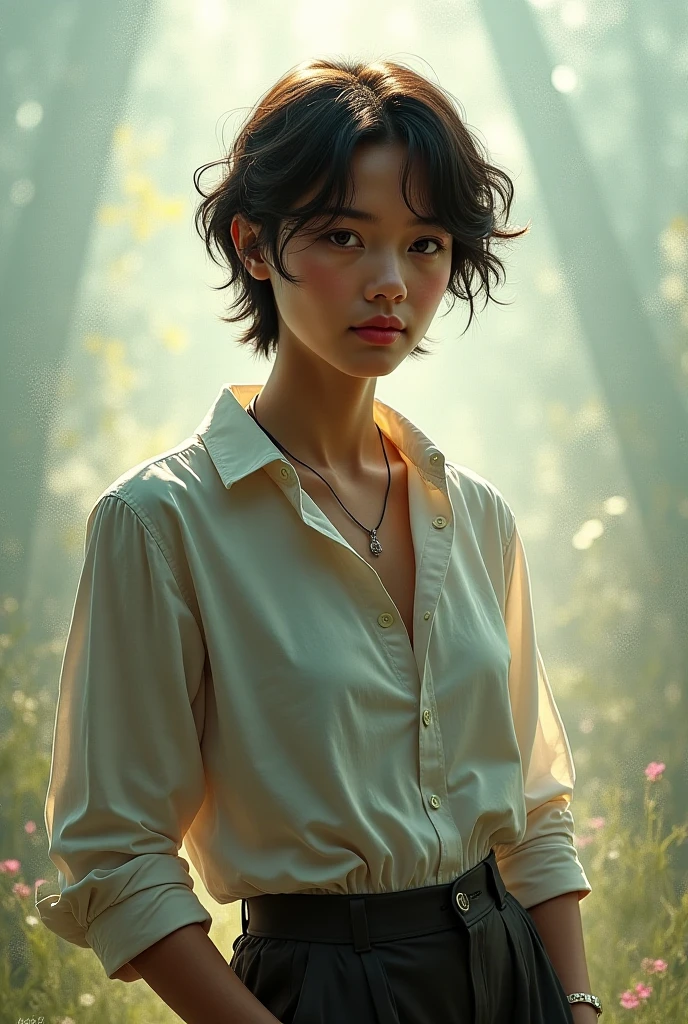 Realistic, beautiful woman pixie layered cut brown hair, wearing white shirt and black pants, light smokey yellow on the background 