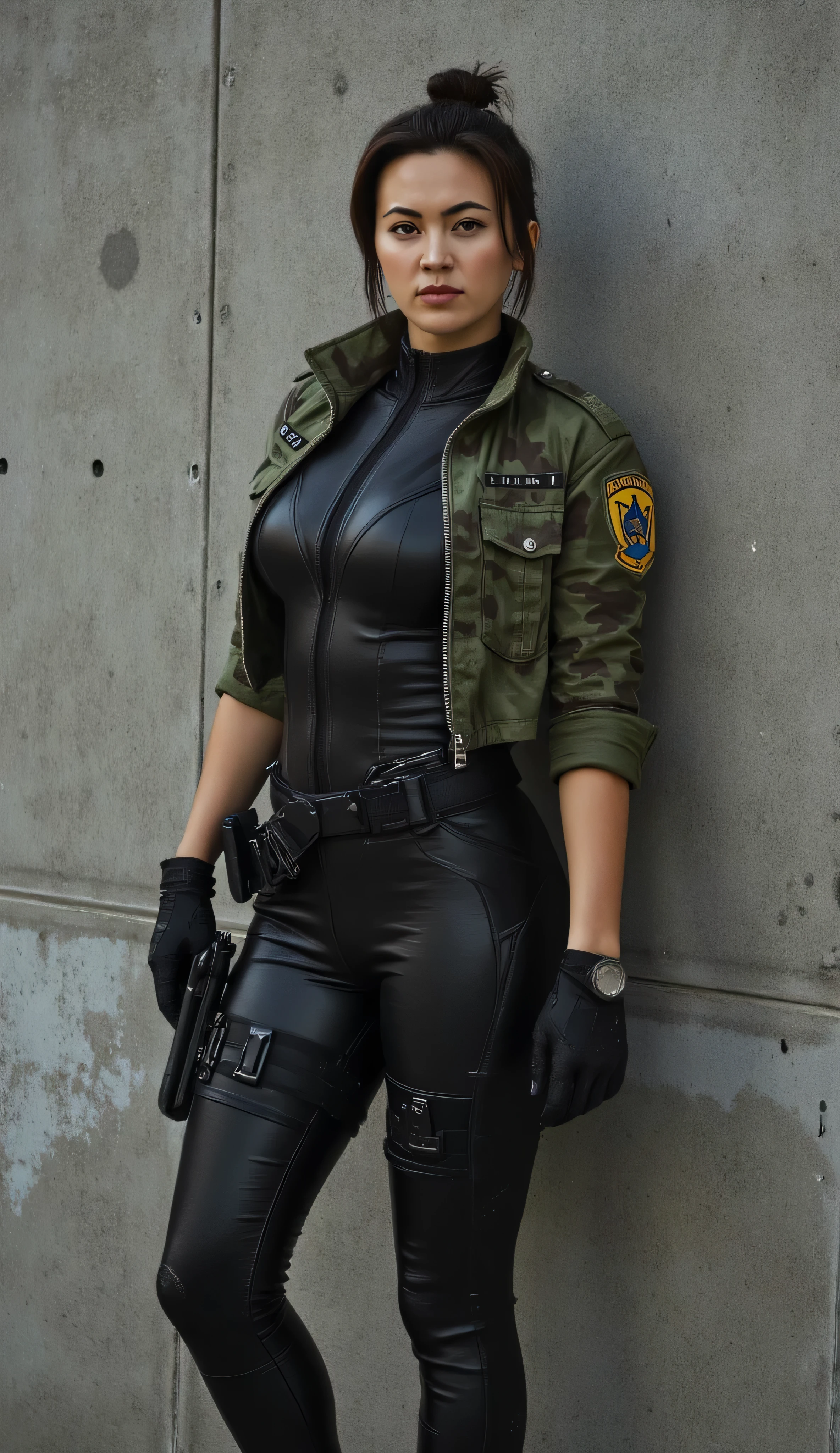 beautiful photograph of a Jessica Henwick as Alyx Vance, determined expression, stands against a reinforced concrete wall, military emblem, stylized crest and symbols, short dark brown hair tied back with a tactical headband, form-fitting high-tech black bodysuit with a glossy texture, athletic physique, cropped military-style camouflage jacket with rolled-up sleeves, toned arms, tactical gear, black utility belt with pouches, ammunition, combat knife, thigh holsters for additional equipment, fingerless gloves, wrist communicator, ready for action, slightly weathered, bullet holes and scratches on the wall, training facility, highly detailed, semi-realistic, AAA video game character design, cyberpunk and military aesthetics, w4rh4mm3r style oil painting