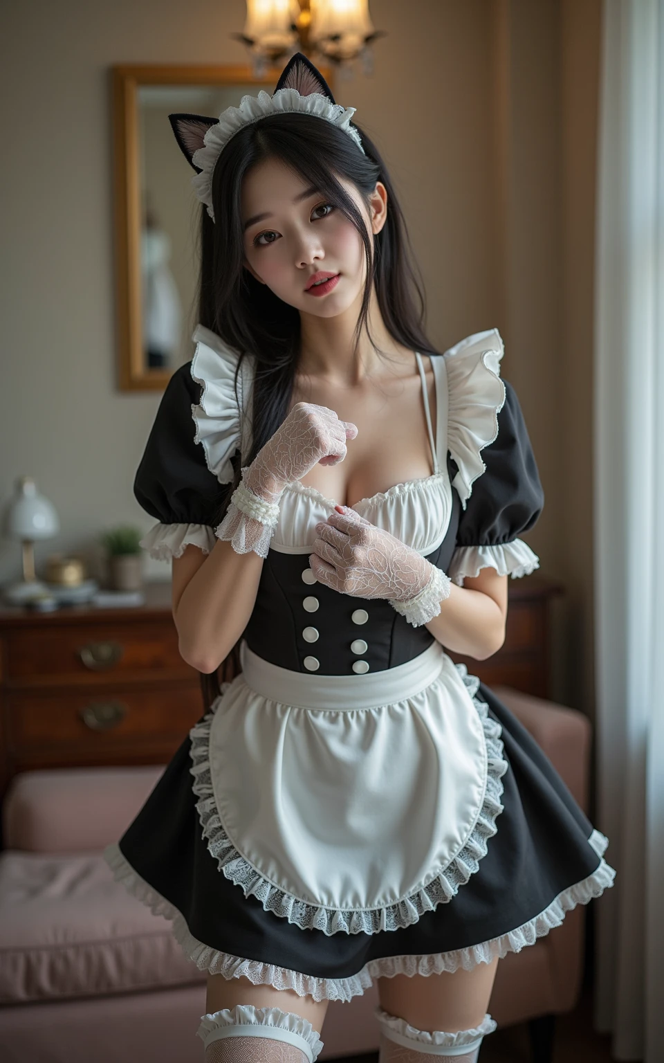 (a closeup:1.4)、(RAW shooting:1.2)、(Photorealsitic:1.4)、(​masterpiece:1.3)、(top-quality:1.4)、one girls、(Slender and beautiful girl)、(kawaii:1.2)、(middlebreast:1.2)、(cleavage of the breast)、(erectile nipple:1.2)、(FULL BODYSHOT)、in 8K、(masutepiece:1.2)、(bow ribbon、flered skirt、knee high socks:1.3)、Look at viewers、blush、ribbon bondage、(beautifull hands)、(beautiful thigh)、(Twin-tailed:1.2)、(maid clothes:1.3)、Cute、old castle、