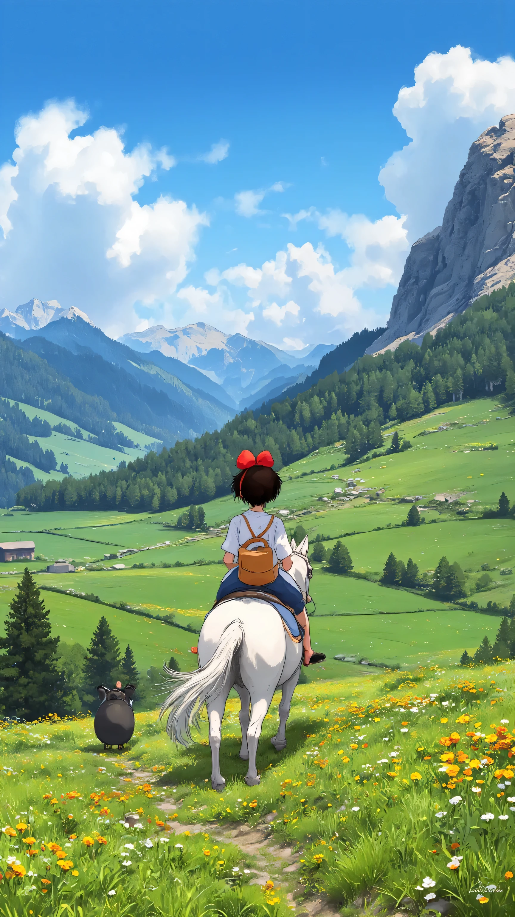 A rides a horse on the prairie,(((The camera is fixed behind the girl,On her right is a steep cliff,Beneath the cliff is a clear river,There's a big tree on the left,Pathside full of flowers,There is a continuous mountain range in the distance,Clear blue sky,White clouds are like marshmallows)))
