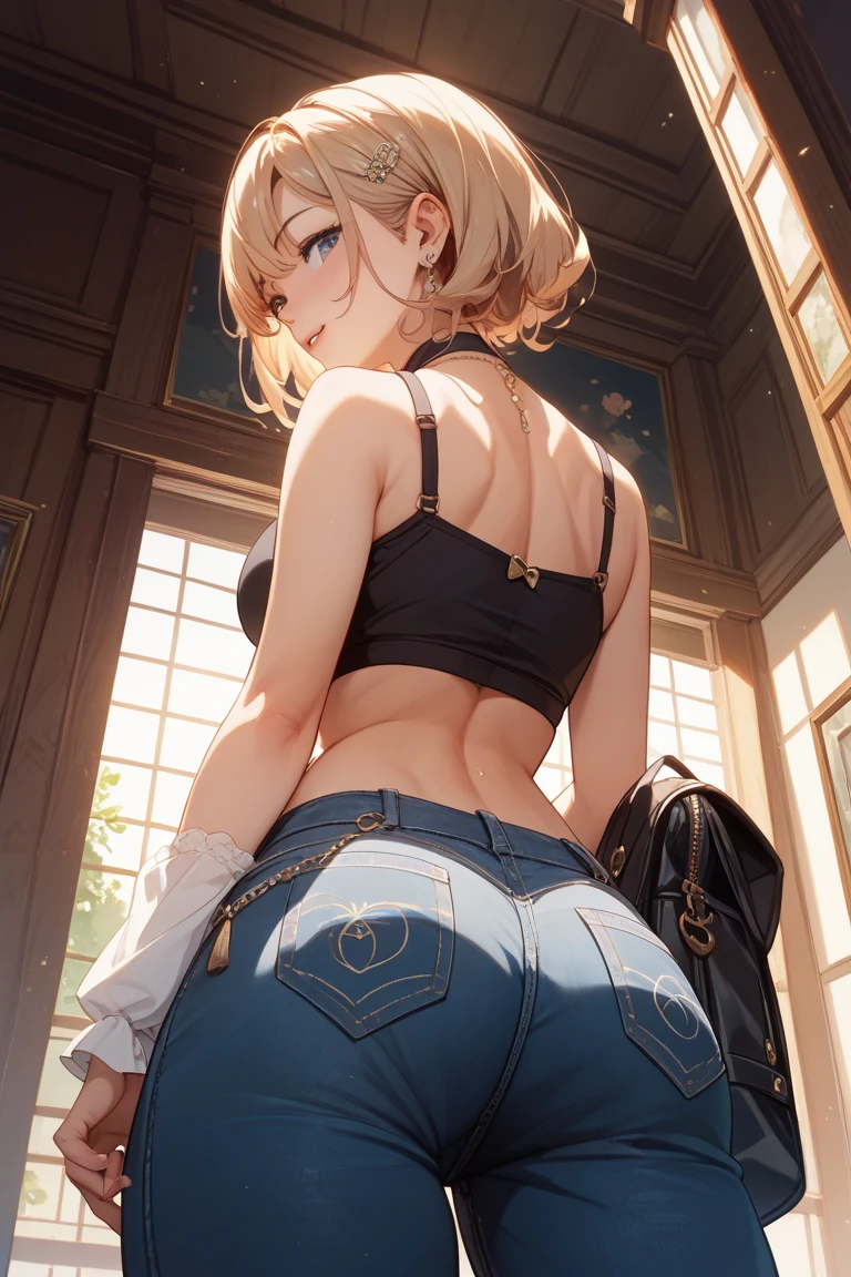 masterpiece, best quality, highres, 1girl, standing, from behind, shaft head tilt <lora:shaft_head_tilt2:1.0>