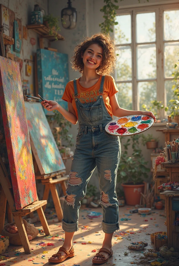 Um jovem artista, com um sorriso radiante e lindo, olhos expressivos, is immersed in creating a nude masterpiece in her contemporary living room studio. The room is filled with the scent of paint and the sound of brushes against canvas.. She is dressed fashionably, her curly hair sways gently as she moves.

Around you are a variety of painting materials - brushes of various sizes, uma paleta completa de cores vibrantes, um cavalete bem gasto, e uma tela imaculada. The artist&#39;s workspace exudes professional, mas reconfortante, aura, inspirando criatividade sem fim.

With a well-informed understanding of the proportions of the human body and a