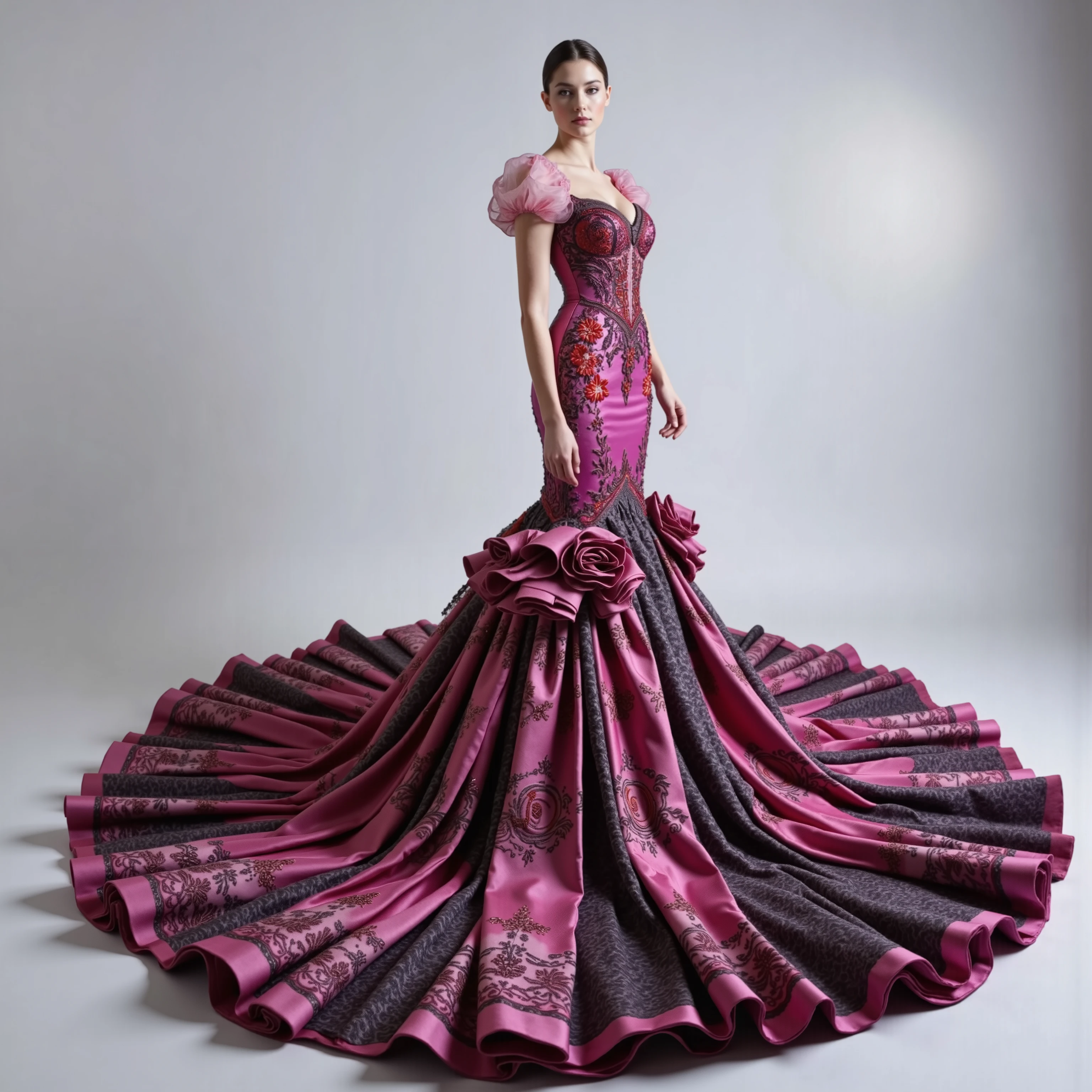 A very light pink silk and satin mermaid style full-length gown with a fitted bodice and a super oversized flared skirt that has giant raised up ruffles at the bottom. This ridiculously tall and oversized gown requires super high platform shoes that will make the wearer 18 to 24 inches taller than usual. The kind of thing only a supermodel, the crazy wealthy, or a crazy celebrity would ever attempt to wear. Very experimental fashion, this gown has sheer puff sleeves adorned with red and black floral appliqués, sweetheart-shaped neckline lace, and hot pink colored sequence adorns the top. Lightweight foam rubber and metal wires are the only things underneath the very oversized light pink,very long, silk and satin skirt, that can lift it and hold it up, so that the wearer can walk and move at all in this unconventional, yet elegant ensemble.The bottom of the long skirt opens so that the fabric creates a large circular shape on the floor that is several feet in circumference larger than usual with a gown of this style. The extra long skirt has puffed up outter material that hangs down in several layers from mid thigh down to the floor in three or four rows or bunched up columns. The dress is made of very light pink satin and silk with some hot pink, red, and black flowers and embroidery patterns of crosses, hearts, etc. The green and pink spotlights cast color on the dress and on the white background. Very dramatic pose. Direct eye contact between the model and the viewer. Asthetically incredible, icon style. Ultra-realistic,photorealistic,cinematic photography,ultra-detailed.Extra Sparkle,cinematic lighting,cinematic portrait,portrait photography,cinematography,full focus,UHDR,startling, Realism,photorealistic,8K,physically-based rendering, professional,intricate,complex,experimental,avant-garde,unique,innovative,striking,captivating,model facing the camera,eye contact,macro photography, Parted Lips,Makeup,Wide-Eyed,Kubrick Stare,From Above,Best Quality,Masterpiece.