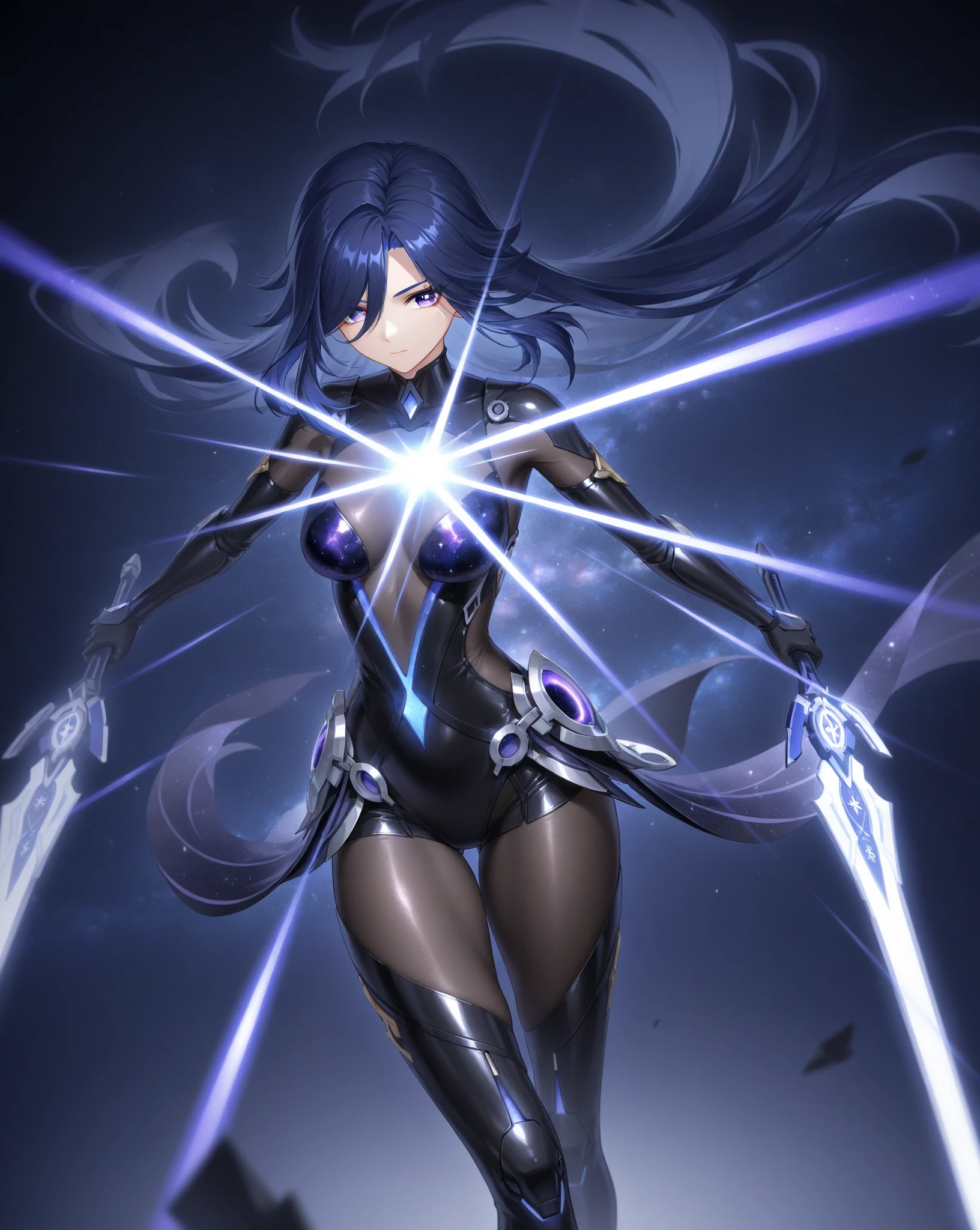 A (((couple in a gliding dance pose))) where the man and woman are surrounded by (((shimmering luminous purple crystals))), intertwined with hypnotic swirling crystal lights. The woman has long, flowing purple hair and big, purple eyes, while the guy is slender and dressed in a sleek leather black and white outfit with thigh-high boots and a metallic top and shorts. His outfit incorporates straps and belts for a futuristic cyberpunk fantasy style. Radiant purple plusing light energy completes the vivid scene