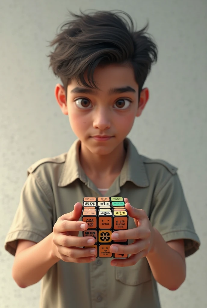 A indian town boy, wear hoodie, and Solve the Rubik's cube, sitting in the chair at study room, focus on Rubik's cube solving, intelligent boy, whole body, realistic, 3D printing views, 8K, ultra HD, in the table more Rubik's cube, one of them solving the Rubik's cube,hold a Rubik's cube in hand, smiling face, super details colours, detailed