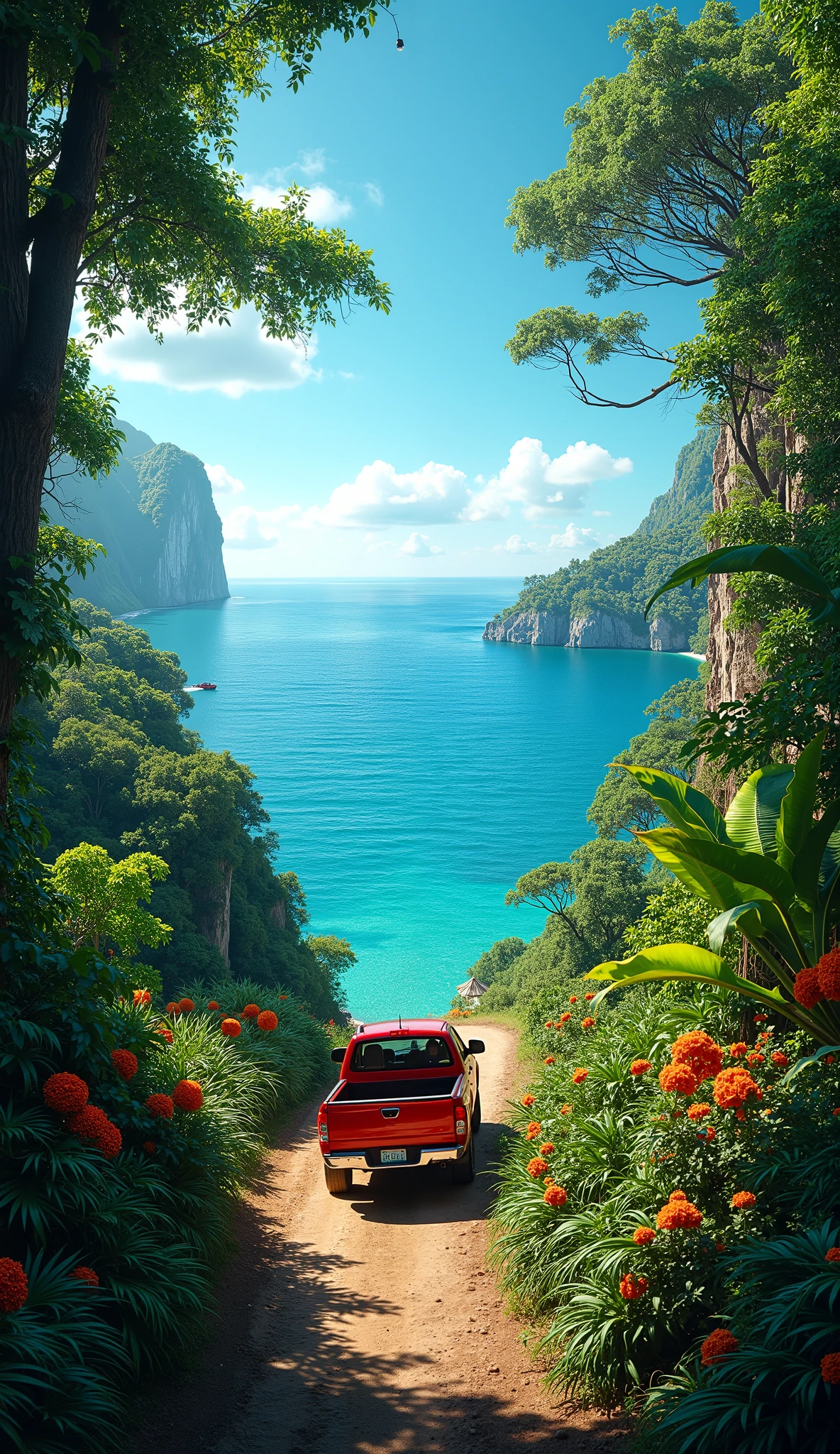High Res Images( 8k Wallpaper),Places where visibility suddenly opens from the genre Details {x} I was able to see the vast ocean when passing through the jungle in a red pickup truck、image of a wonderfully clear ocean, Colorful Flowers 々greets you,Beautiful blue sky and deep blue sea,Magical,Contrast of light,Seven tropical flowers in full bloom,Attractive images,Background where small islands can be seen in the distance。