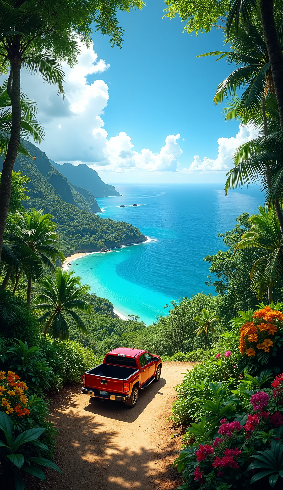 High Res Images( 8k Wallpaper),Places where visibility suddenly opens from the genre Details {x} I was able to see the vast ocean when passing through the jungle in a red pickup truck、image of a wonderfully clear ocean, Colorful Flowers 々greets you,Beautiful blue sky and deep blue sea,Magical,Contrast of light,Seven tropical flowers in full bloom,Attractive images,Background where small islands can be seen in the distance。