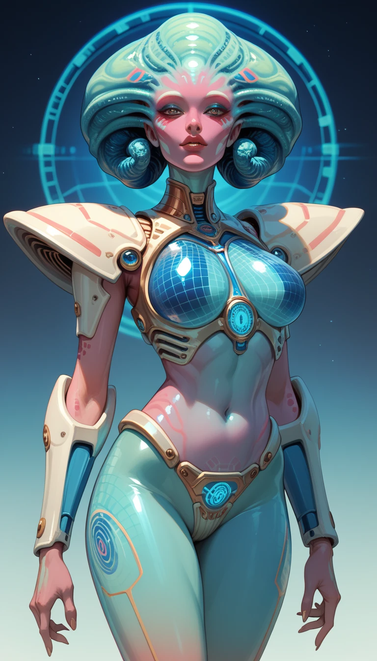 Tall (Blue Skin) Twi'lek with (gigantic breasts) wearing a tight short gold minidress, short dress, miniskirt, high neck, sleeveless, (keyhole cleavage), tattoos, huge breasts, cleavage, tall, graceful, (tall, long legs), athletic, slim hips, small waist, full-body shot