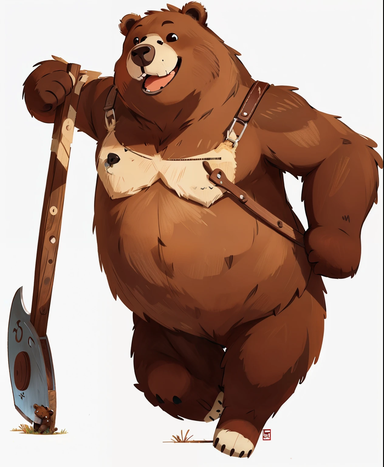 antro by the little bear_rusty), red scarf, (Old bear with sword), old daddy , obese and muscular , naked, simple background, ultra detailed, pose natural, (voluminous:1.3) body_sexy , standing, by honovy, correct claws in five of paws in dark , manly, Bulge, bulk, fur in brown, claws in five, blue overalls, hacha, nice nose_dark brown
