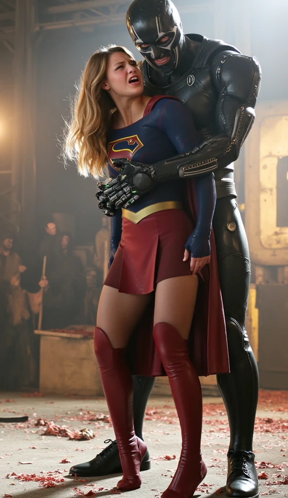handcuffed supergirl getting raped by a man, rape, sex, sexual intercourse, sexual harassment, a man is straddling between supergirl legs, Melissa Benoist as supergirl, photorealistic, realistic,