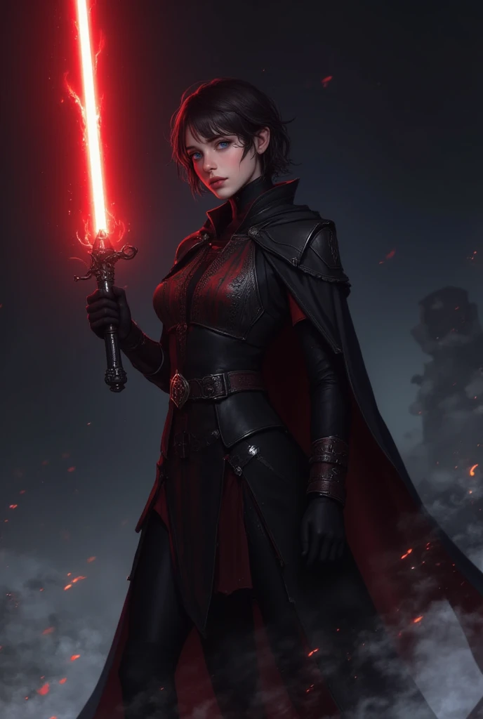 make a high quality ultra realistic image of a female character who is a sith. She wears a cape whose inside has several lightsabers. she is on an inhospitable planet
