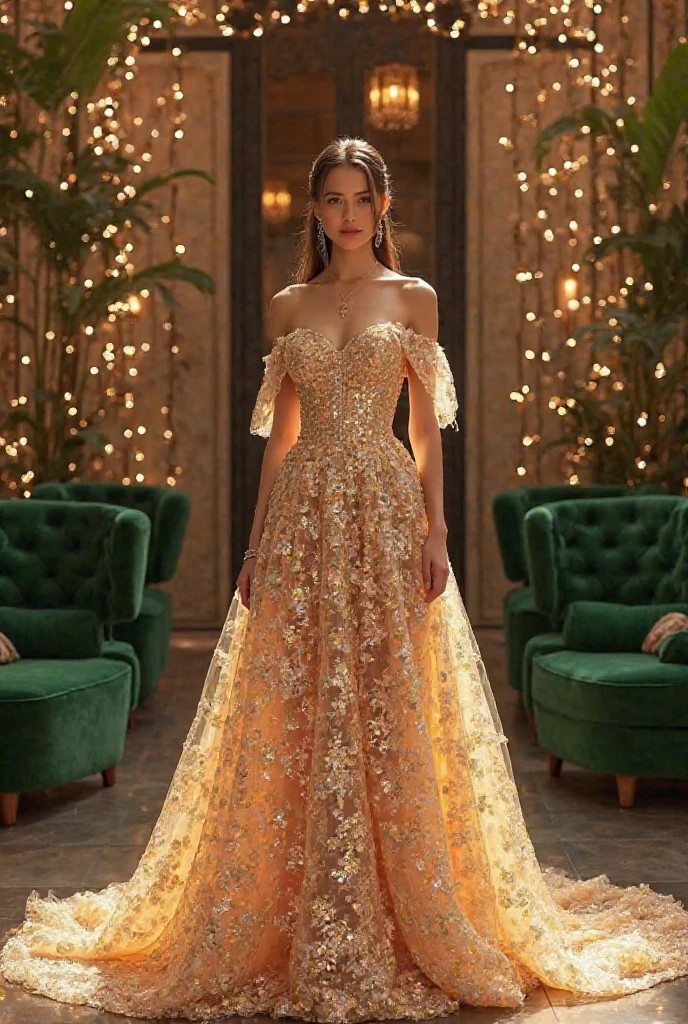 Create a full body shoot of Miss Grand Indonesia with her crown in golden gown