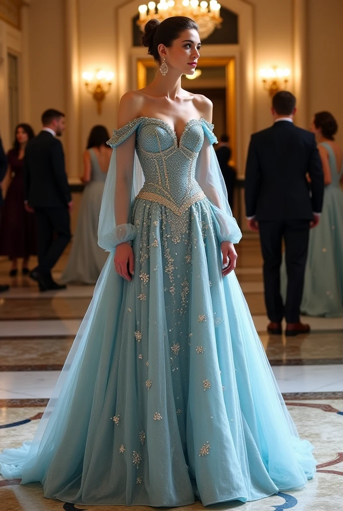 In the heart of the enchanting scene, a mesmerizing blonde Cinderella is elegantly posed. Her long, cascading hair, reminiscent of a golden waterfall, is styled in a beautiful updo, adorned with intricate braids and sparkling diamonds. She wears a captivating blue silk gown that gracefully flows around her, accentuating her slender figure. The dress is adorned with exquisite diamonds that twinkle under the soft candlelight, adding an aura of royalty to her appearance. Cinderella's blue eyes sparkle with joy and wonder, her pink lips curled into a graceful smile that speaks volumes of her