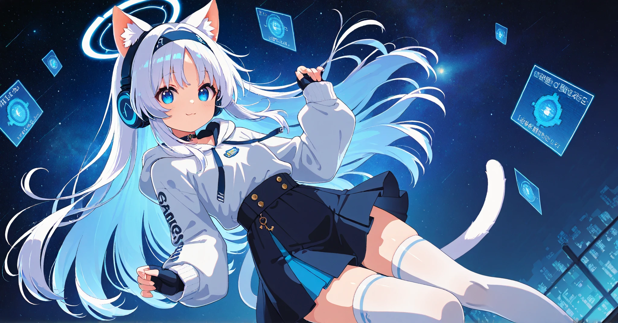 Nekomiya mana anime cat girl long white hair blue sky blue eyes with cream-colored locks of hair ,
Two-piece set (Separate blouse and miniskirt): A modern and dynamic look that merges gamer aesthetics with a kawaii and casual touch.
Casual gamer miniskirt: Closer design with details inspired by video games, like pixelated circuits, life bars and pixels. It can include LED lighting on the edges for a futuristic effect.
Fitted blouse with Neko bit pixel print: The blouse matches the gamer and feline theme, showing a pixelated design of a neko bit for an adorable touch.
Open cat hoodie: Instead of a jacket or sweater, wear a modern and lightweight cat hoodie, with cat ears on the hood and pixelated or neon details on the edges to highlight the gamer aesthetic.
separated sleeves (from elbow to wrist): Decorated with gamer elements such as life bars, pixelated icons or charge codes. May include LED or neon details.
Headband with control cross: As an ornament on the head, reinforcing the gamer style.
Styled with modern accessories: Includes ribbons with pixel patterns, gamer stars or mini headphones as decoration.
Long stockings or socks: With gamer patterns such as charging bars or digital interfaces, but with a more casual appearance.
Fingerless gloves or LED bracelets: For a more urban and dynamic touch.
This design is perfect for a VTuber who combines her love for video games with a modern look, adorable and technological