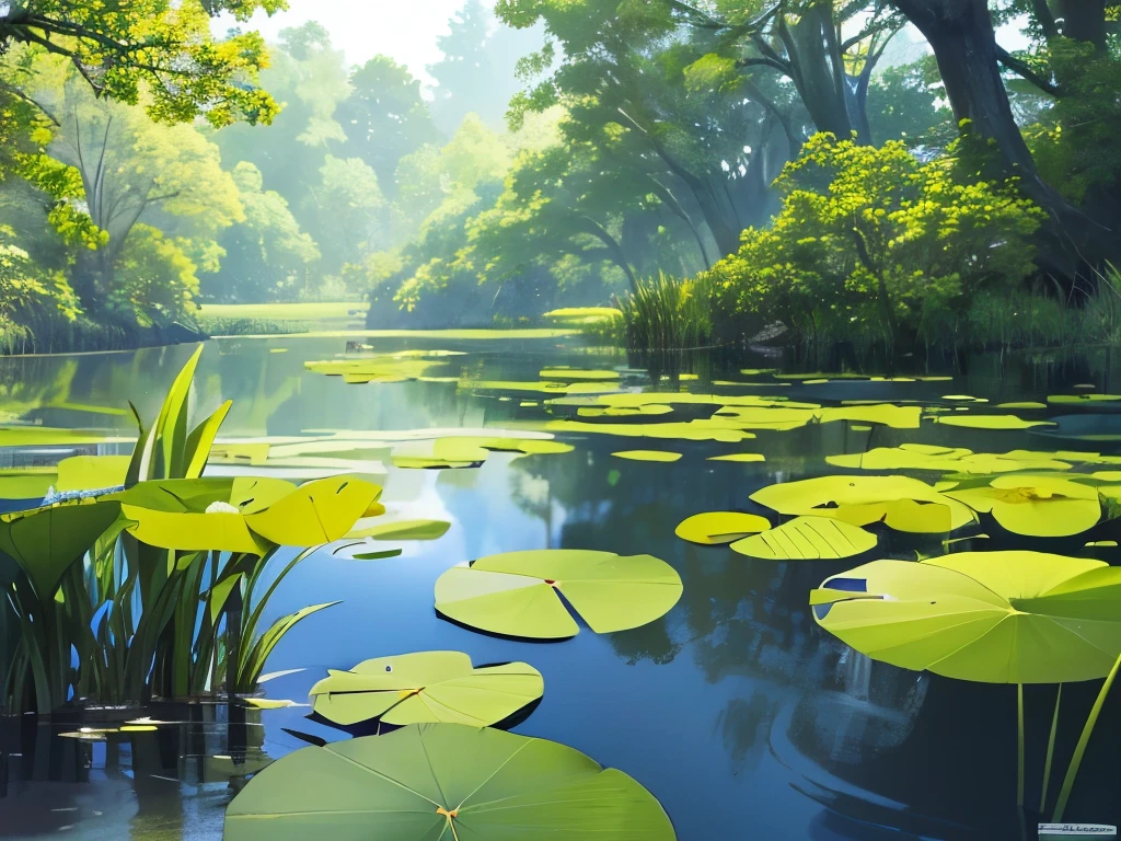 A tranquil wetland scene unfolds, where the still water reflects the soft blue light of dawn, creating a serene atmosphere. Lush green lily pads cover much of the surface, interspersed with delicate white blooms reaching toward the sky. Towering, slender trees rise in the background, some leafless and adding a striking contrast against the vibrant greens of the marsh grasses and shrubs in the foreground. The composition captures a peaceful coexistence of water and plant life, conveying a sense of calm and natural beauty in this secluded habitat. The muted colors and gentle ripples suggest early morning, enhancing the atmospheric quality of this enchanting landscape.