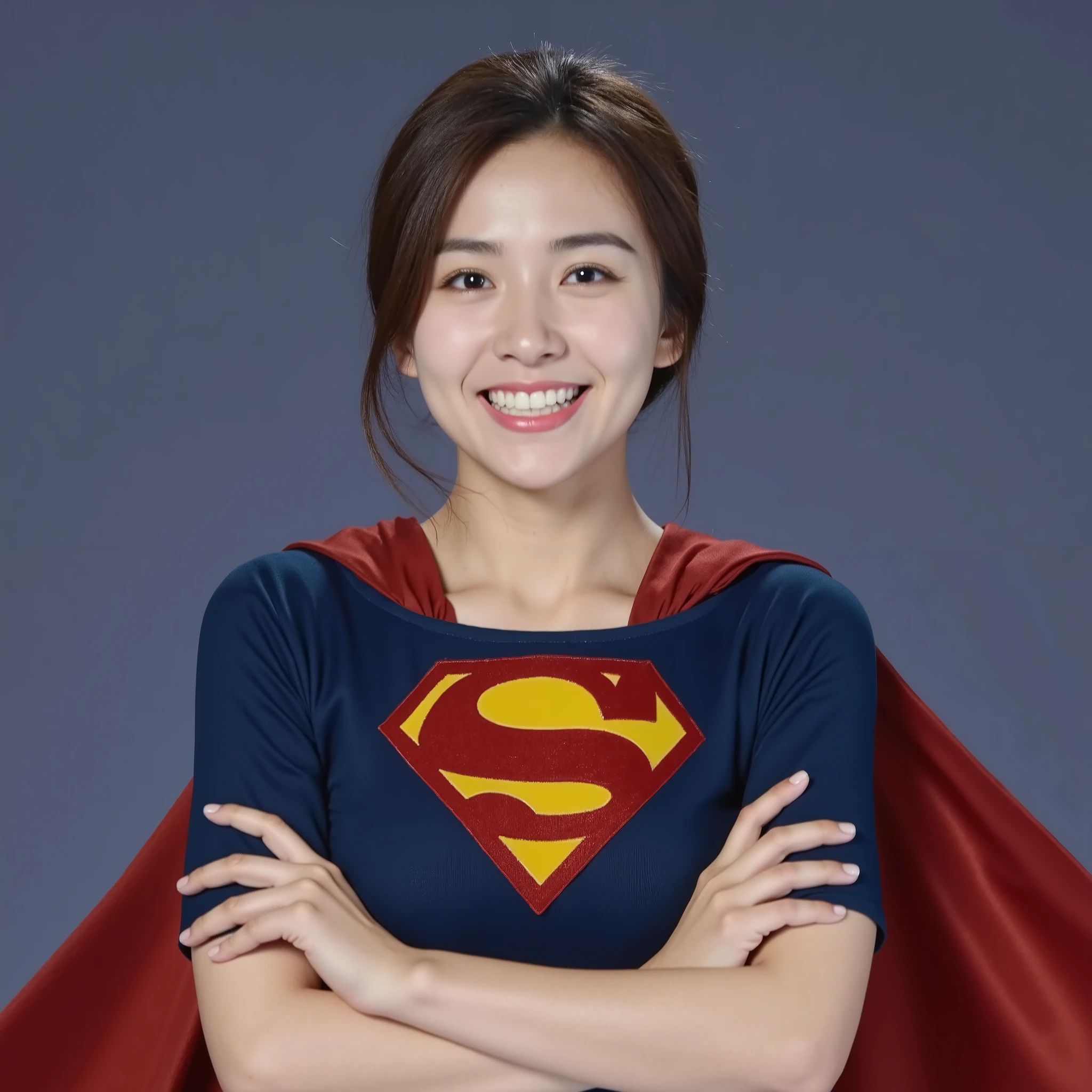 一个 18 岁的 girl,Have a sweet , standing on the roof of a metropolitan skyscraper, Supergirl costume with a flowing cape. her naturally flowing hair and eyes, captures natural light. happy expression,White and flawless teeth, Hold your hands on your shoulders , and she fits , celluloid style , 8,000, Standing on the roof of a metropolitan skyscraper, including backlighting and volumetric light, creates the warmth and warmth of David Dubnitsky-style photographs. The background is an iconic cityscape, Hue., girl,lt girl