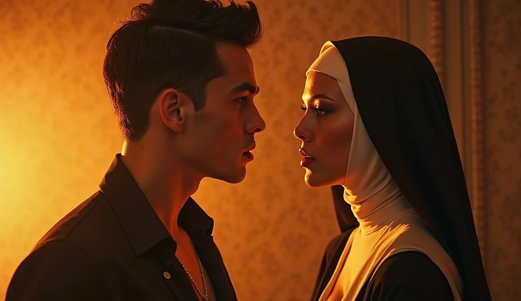 Ultra-realistic depiction of a tender moment between a bald boy and a hijabi girl as they lean in for a passionate kiss. The girl is adorned in a maid's white and black coat, the pristine white contrasting with the classic black, and she wears a golden bangle, bracelet, and necklace that sparkle softly under the dim light. A golden Swiss Polo watch peeks out from the sleeve of her coat. The scene unfolds on a large, lying to bed, the room warm and cozy, reflecting the fiery passion between the two lovers. The girl's eyes are filled with a mix of love and desire. As she rem, teasing smile and like to have a sex