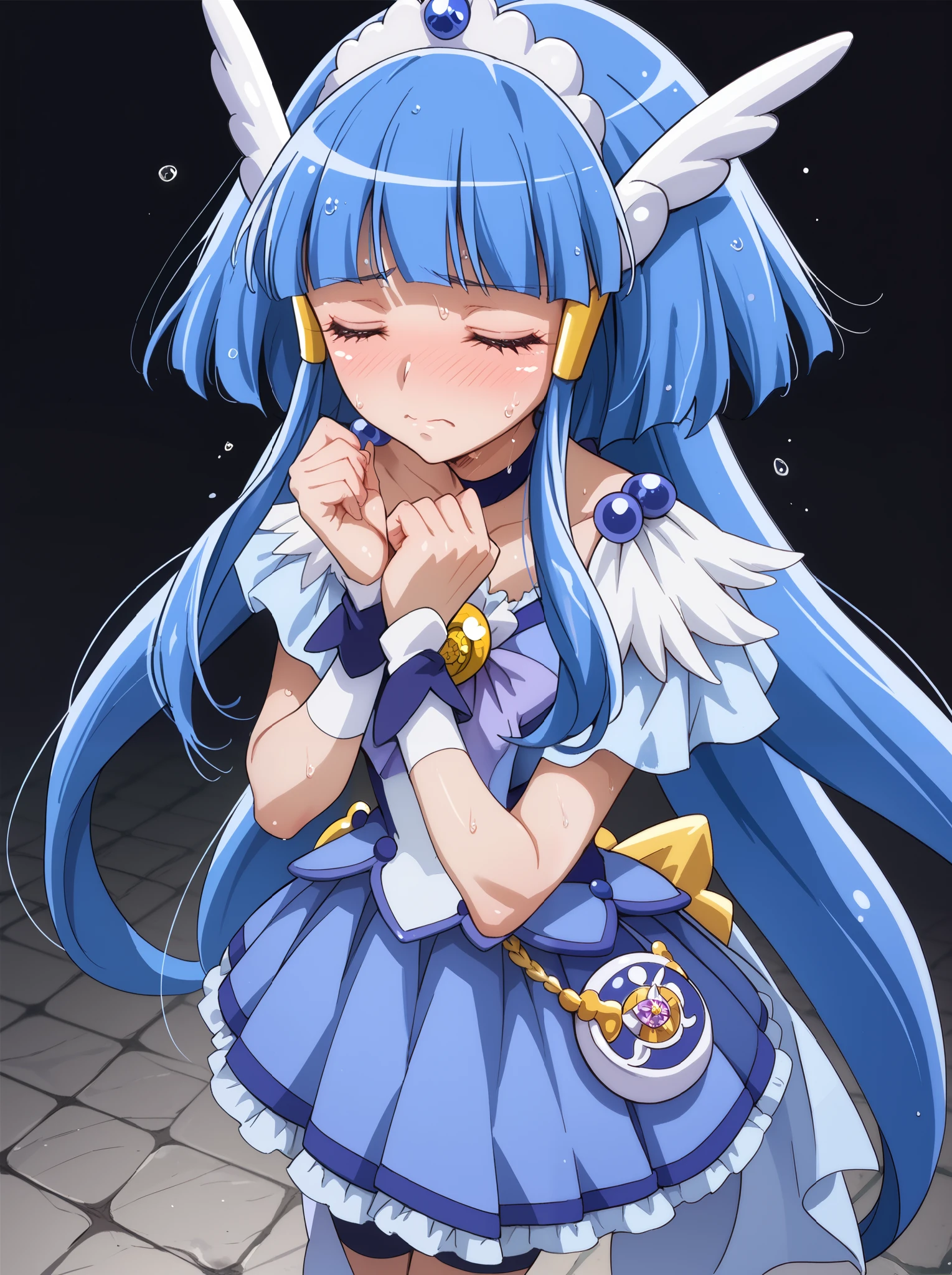 1girl, solo, ((curebeauty)), shiny skin,anime coloring,stone floor,black background,blush,sweat,closed eyes,standing,embarrassed,sobbing,