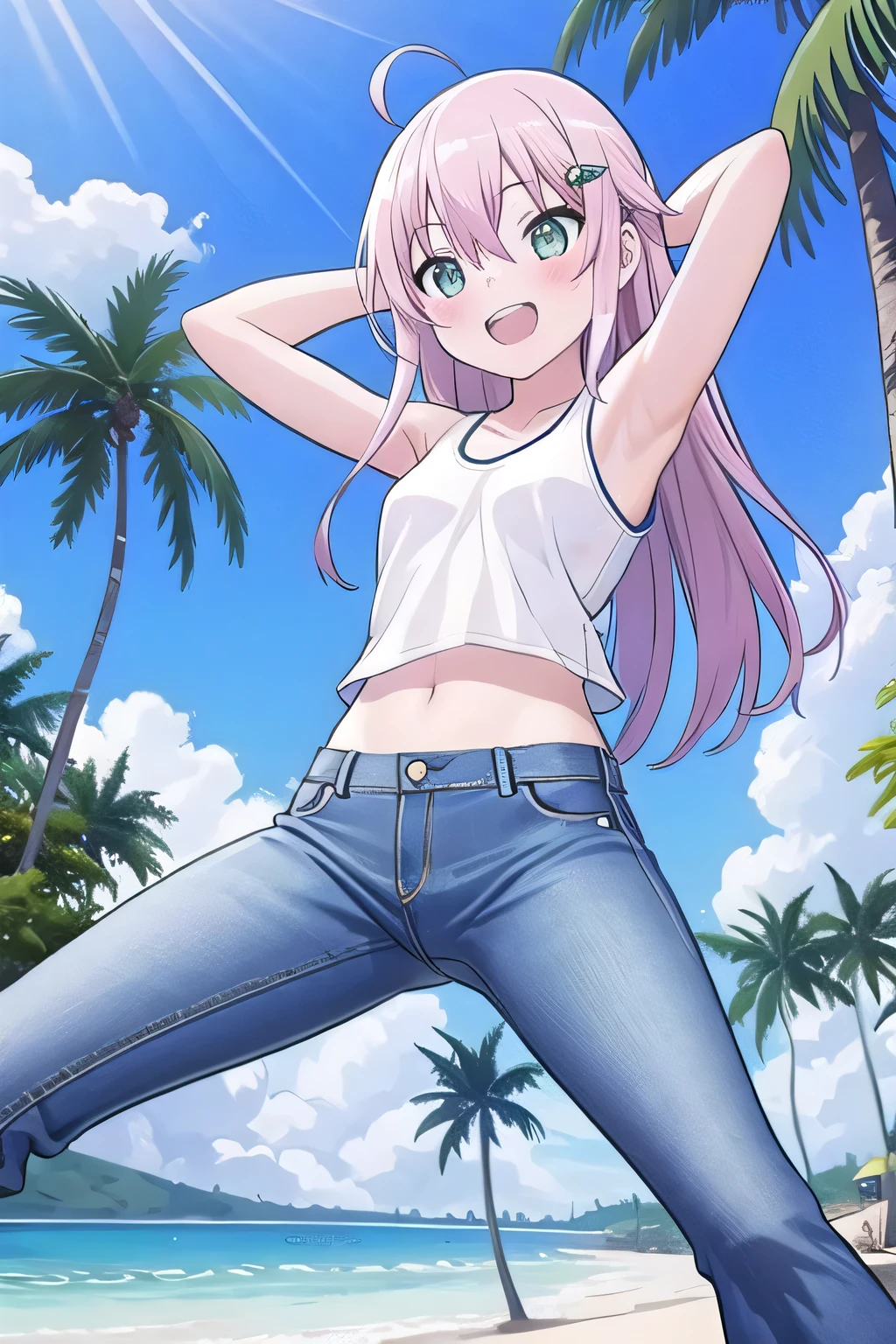 masterpiece, best quality, ultra detail, ((Perfect Face, perfect eyes, perfect hair, perfect arm)), 1girl, , peti ((round face, ecstasy, orgasm face, drooping eyes, shame smiling, blush)), dropping eyes, sleepy, Open mouth, ((White teeth)), background((under the beach, (day:1.2), palm tree, bright sky)), miku hatsune, ahoge, (green eyes:1.2), (white pink hair:1.2), crossed bangs, hair between eyes, hair ornament, (mideum length cut:1.7), (straight hair:1.7), ((arms behind head, hands behind head, fingers behind head)), ((contrapposto)), spread armpits, looking at viewer, (white tank top:1.2), (white crop top:1.2), (jeans pants:1.2, flares jeans:1.2, skinny jeans:1.2, blue jeans:1.2), standing, (legs spread:1.4), sex pose, Sweaty crotch, Steam from the crotch, from below, whole body