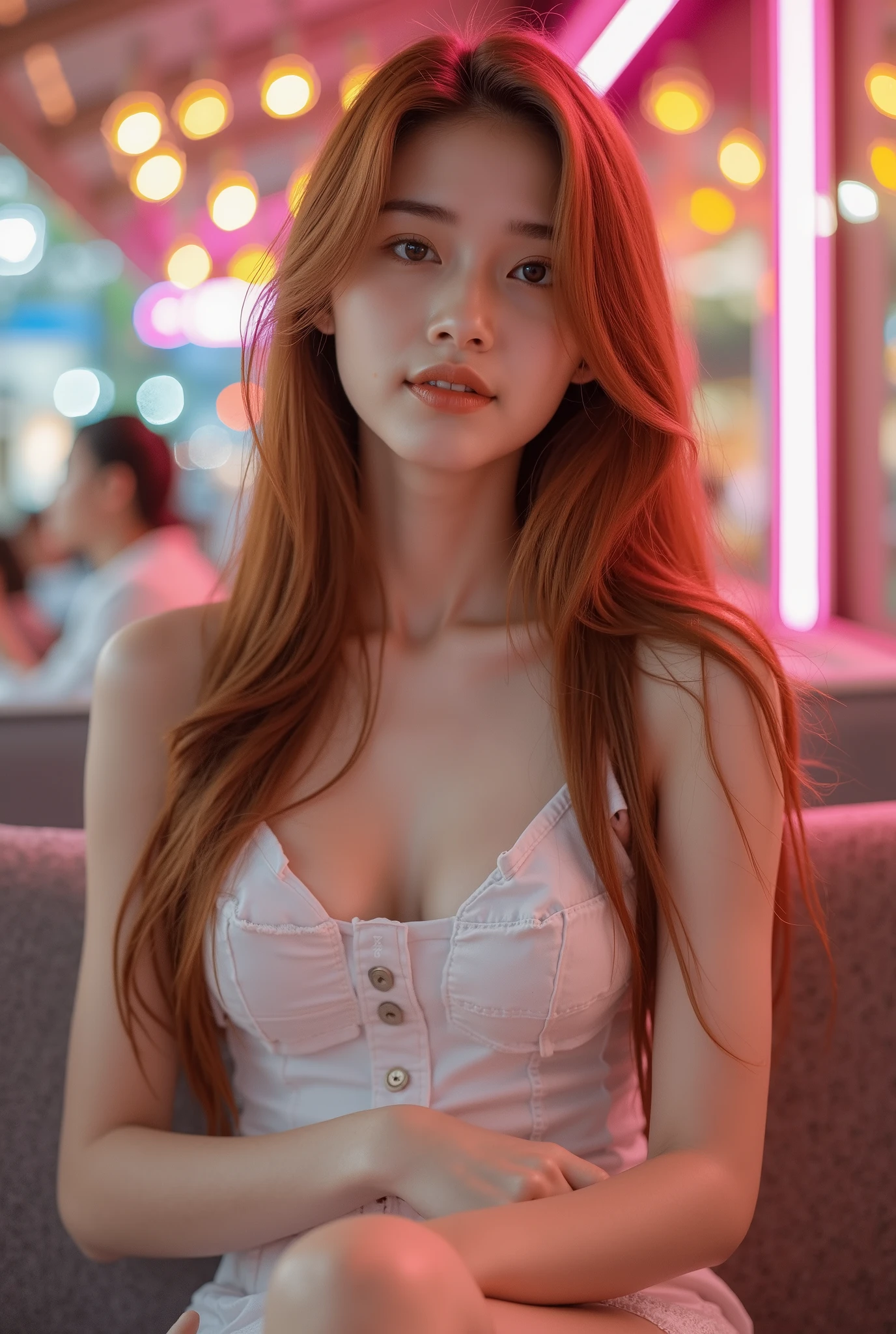 A beautiful Thai girl is sitting on the sofa outside the mall, sportslight pink neon lights are lit, the atmosphere is warm, soft, dreamy, and there is an outdoor concert, medium breasts, pinkish-white skin, blown and red long hairstyles.