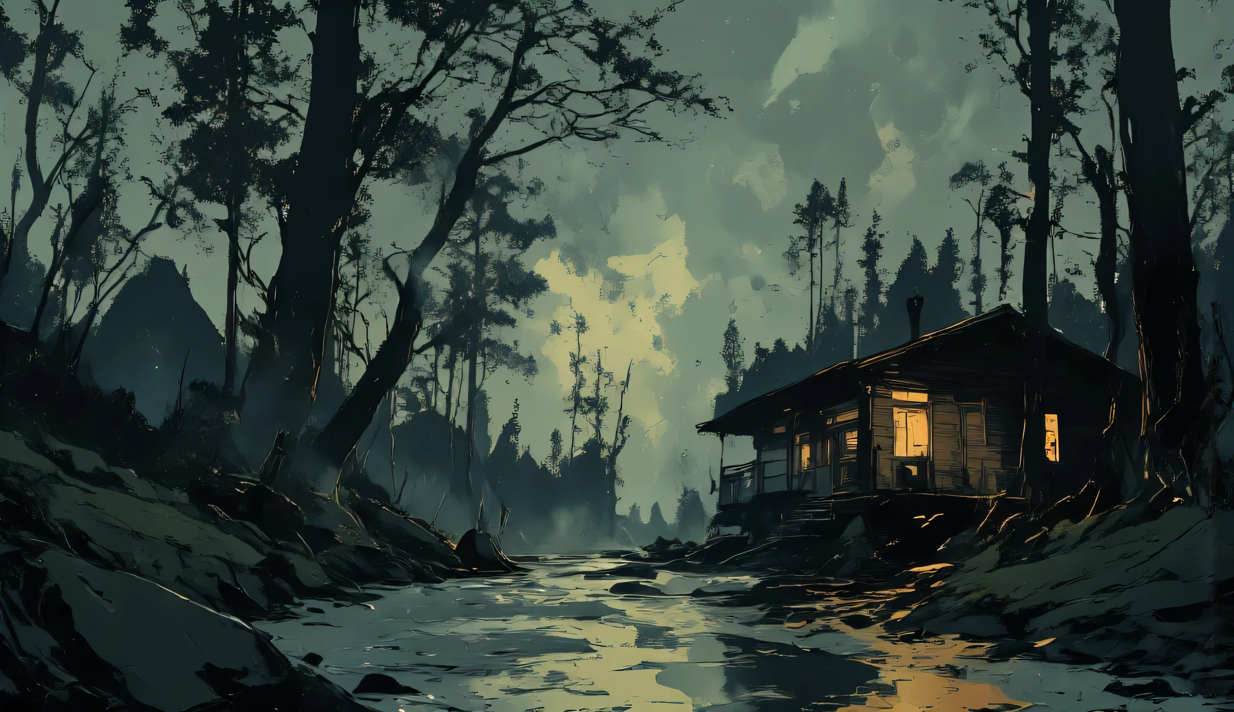 Dark fantasy illustration, cinematic composition, a lone wooden cabin in a misty forest, eerie moonlight, a river reflecting the pale light, twisted leafless trees framing the scene, dramatic lighting, ultra-detailed textures, photorealistic rendering, inspired by The Witcher 3 cutscenes