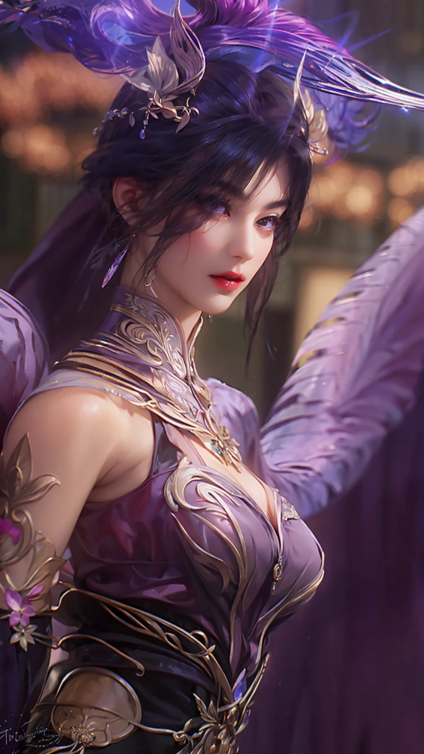 A handsome topless girl, sharp eyes, clear facial features, wearing Hanfu, combat posture, martial arts movements, body surrounded by purple mist, runes around, holographic reality, holographic halo, motion blur, game light effects, edge light, soft light, movie edge light, delicate light, masterpiece, super detailed, epic composition, super HD, high quality, highest quality, 32k