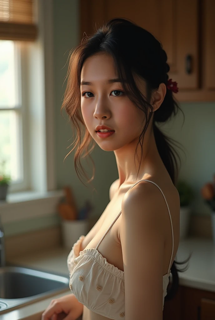 (8k, Realistic: 1.2, RAW Photos, Highest quality: 1.4),A beautiful girl like a Korean idol,1 person,1,Hairstyle(short hair,Tea),She has her hair tucked behind her ear,She has small earrings in her ears,big, Clear tea-colored eyes,Long eyelashes,Plump Cheeks,Completely naked(big chest,Erect nipples,Thin and delicate shoulders,thin abdomen,A round waist,Upturned hips),barefoot,(Apron on bare skin(Tie strings in a bow on the return,chest, return, Her waist and hips are visible :1.4)),kitchen,(Looking return at the camera and smiling),(View from diagonally behind :1.4),Full body portrait,Whole body