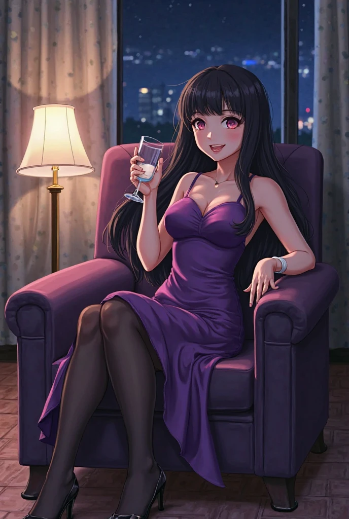 a woman, beautiful, black hair, long hair, bar, crossed legs, sitting, a bench, miniskirt, blouse, cleavage, bracelets, necklace, glass, wine, sexy,