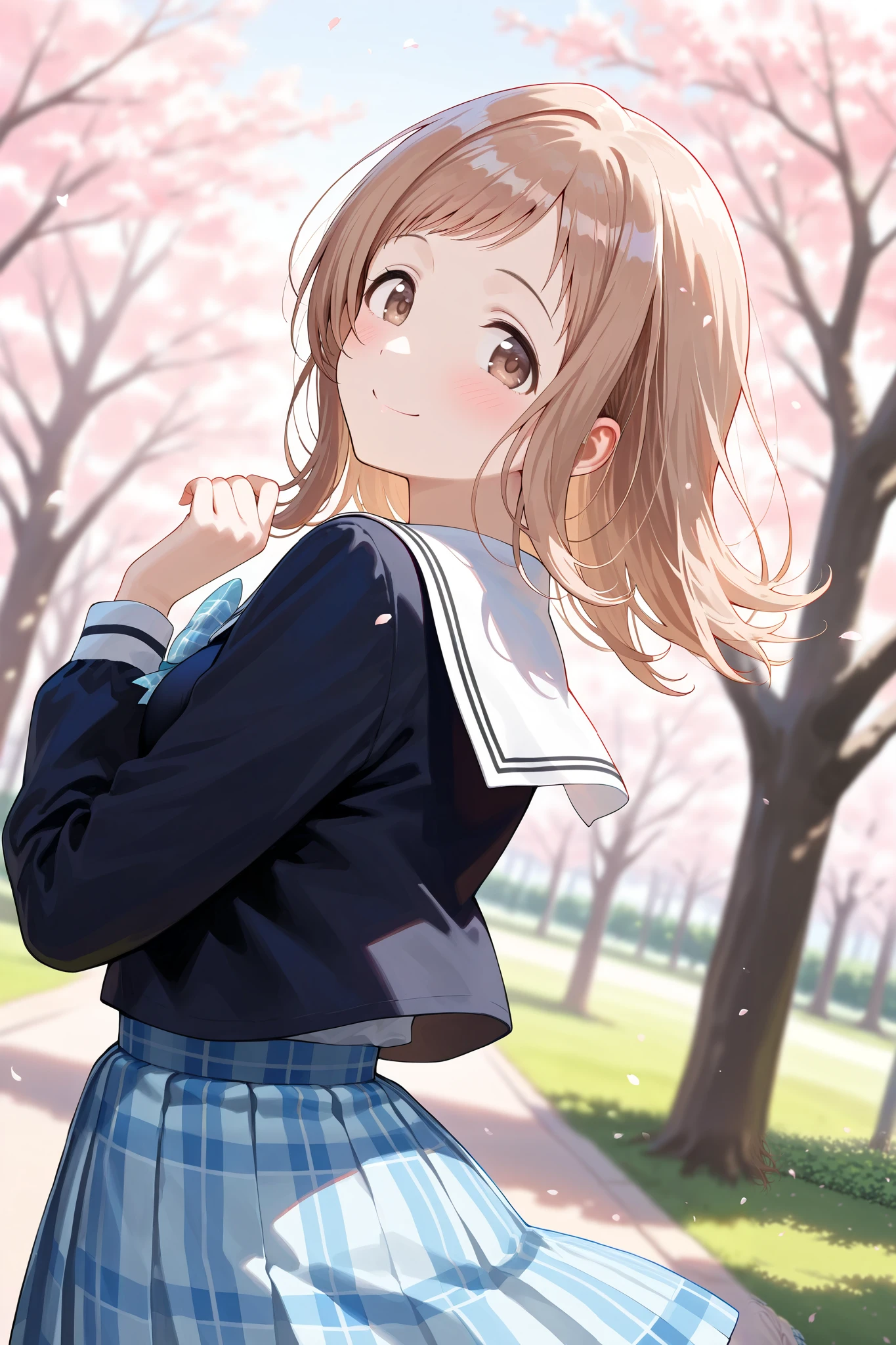 (masterpiece), (Highest quality), (Very detailed),
(The best shape), (Best Shadow), (Absurd),
(Detailed Background), (So beautiful), Shiny,
Beautiful eyes in every detail, Extraordinary, Countershading, 8k, 32K, High resolution,
Very Detailed CG ,
Score_9, Score_8_up, Score_7_up, Source_anime,
(Pastel painting:1.2), (Watercolor painting:1.2),
(Masterpiece, Detailed:1.2), (Foreshortening:1.2),
Cinematic, Dramatic, (Depth of field:1.4),
(Blurry background:1.4), (Realistic background:1.4), Dynamic angle, from side,
1 girl, Solo,
Outdoors, Nature, Park, Wind,
Spring, Cherry blossoms,
Sakuragi Mano,
the idolm@ster shiny colors,
mano sakuragi,
(Brown hair:1.1), Medium hair, Brown eyes,
(School uniform:1.3),
(Black sailor suit:1.3), Long sleeves suit,
(White sailor collar:1.4),
Ribbon, Light blue ribbon, Butterfly ribbon,
Skirt, Light blue skirt, Checkered skirt,
(Blush:1.3),
Portrait,
Focus on face,
Smile, Happy, looking back,
Realistic skin,
Shiny skin,