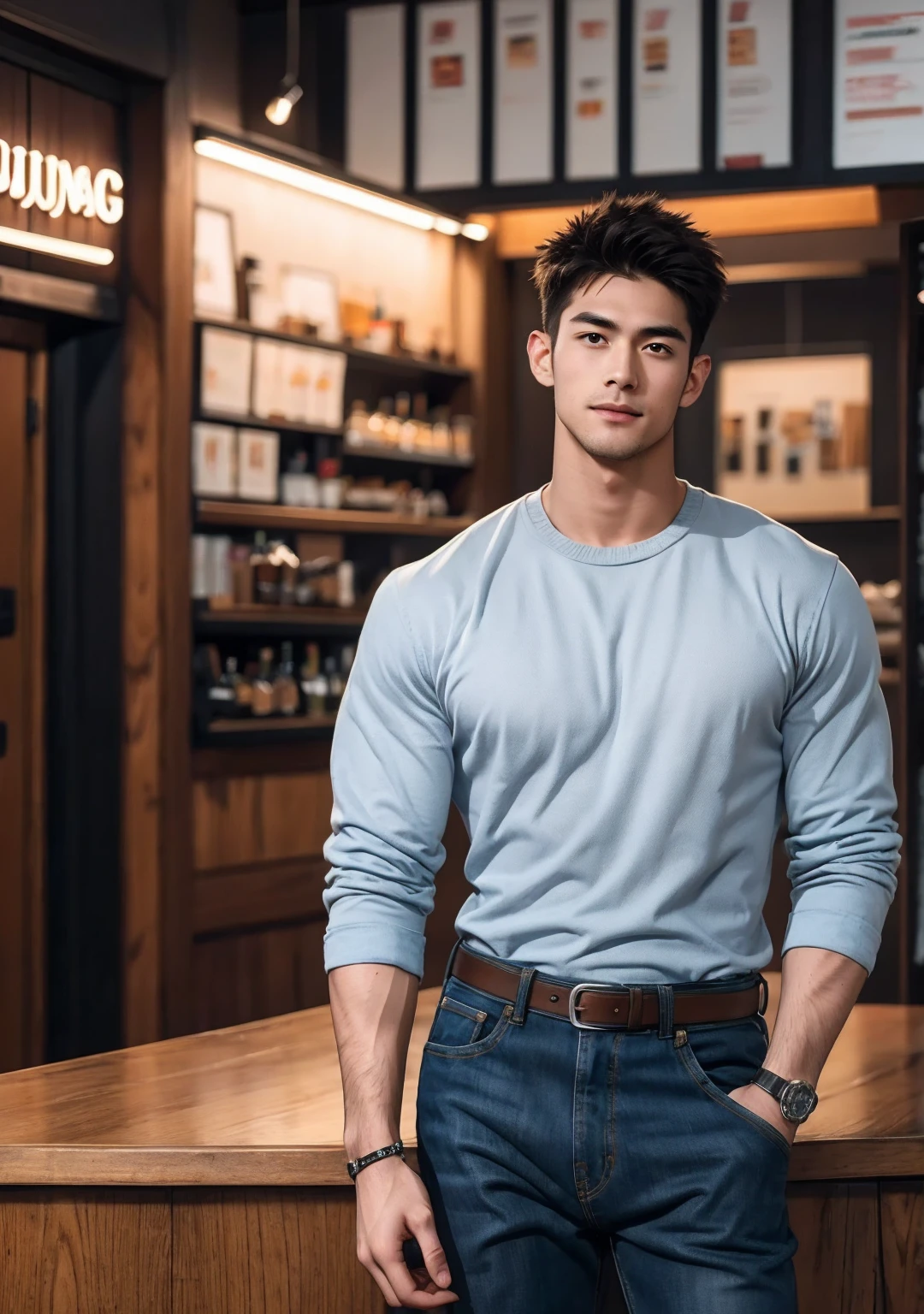 1 male,realistic, highly detailed, intricate details, detailed background, depth of field, photo of a​​ daddy ,(big muscle), (Korean-thai 27 ages), wearing​ ​hood​, on big  window, (smirk:0.9), (seductive gaze, tired), (open mouth:0.9),(oily skin:1.2), jean pants, standing cool pose
