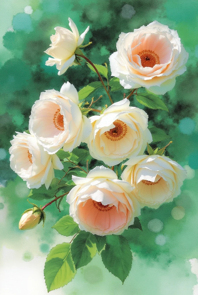 JNANX,yongshanyuzi style,This is a watercolor painting of a lush,vibrant bouquet of white and pale pink roses with green leaves. The painting uses soft,blended brushstrokes to create a dreamy,impressionistic effect. The background is a mix of various shades of green,enhancing the floral subjects. The overall style is delicate and ethereal,with a serene,romantic atmosphere.,