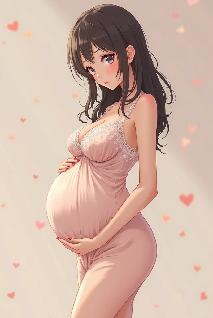 Pregnant anime style girl in nightgown standing in baby's room in very detailed , with cot, exchanger