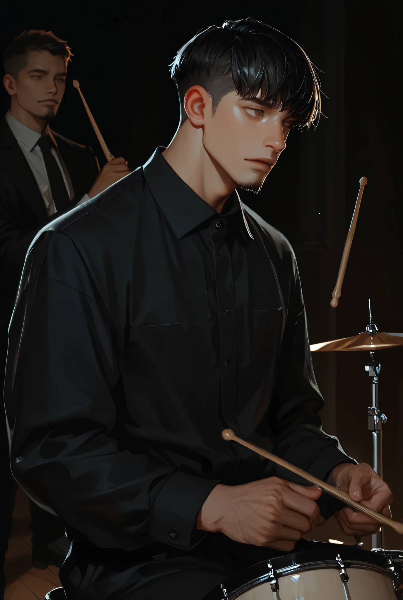 Solo man, formal wear, short men's haircut, masculine, Light skin , light brown eyes, goatee, playing drums, Evangelical church, black hair, sitting, drumsticks in hands, seen from afar, Button down shirt, Men's hair, short hair, dark weather, Dark, Beating drums with drumsticks