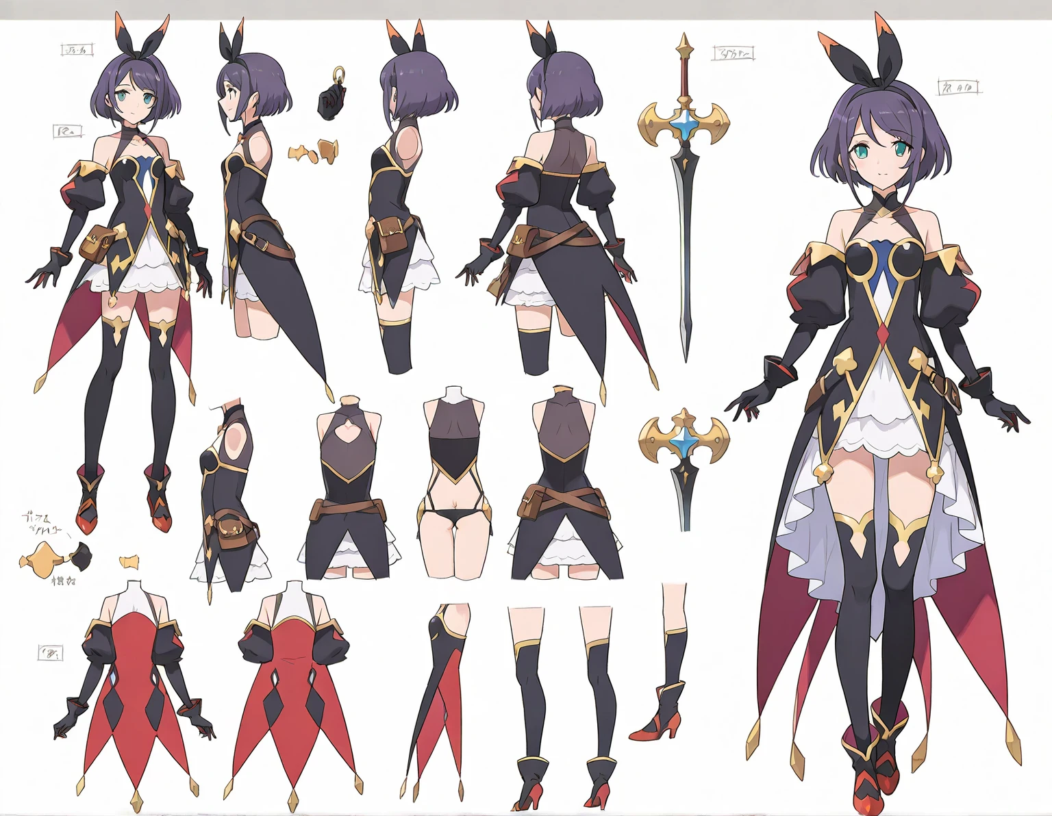 mikado (blazblue), 1girl, red eyes, long hair, purple hair, single horn, black thighhighs, detached sleeves, medium breasts, ponytail,, bare shoulders, hakama short skirt, sideless outfit, reference sheet, multiple views,  backless outfit,    <lora:mikado (blazblue):0.8>