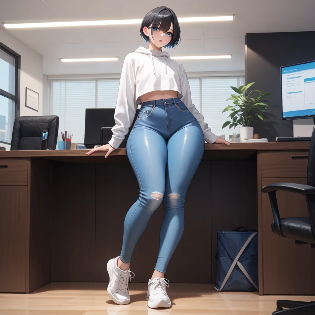 whole body, entire body, full body, total body, upright stance, erect posture, athletic shoes, waist, 20-years-old beautiful office working female, (black rim glasses), (white headphones), black hair, date clothes, Correct outfit for early summer, colorful costumes, intellectual atmosphere, knowledge, scholarship, enthusiasm, front of whole body, immersion, concentration, sense of accomplishment, cinematic lighting, masterpiece, top quality, 4K, academic atmosphere, (masterpiece), (best quality), ultra-high res, sharp focus, high definition eyes, anime style